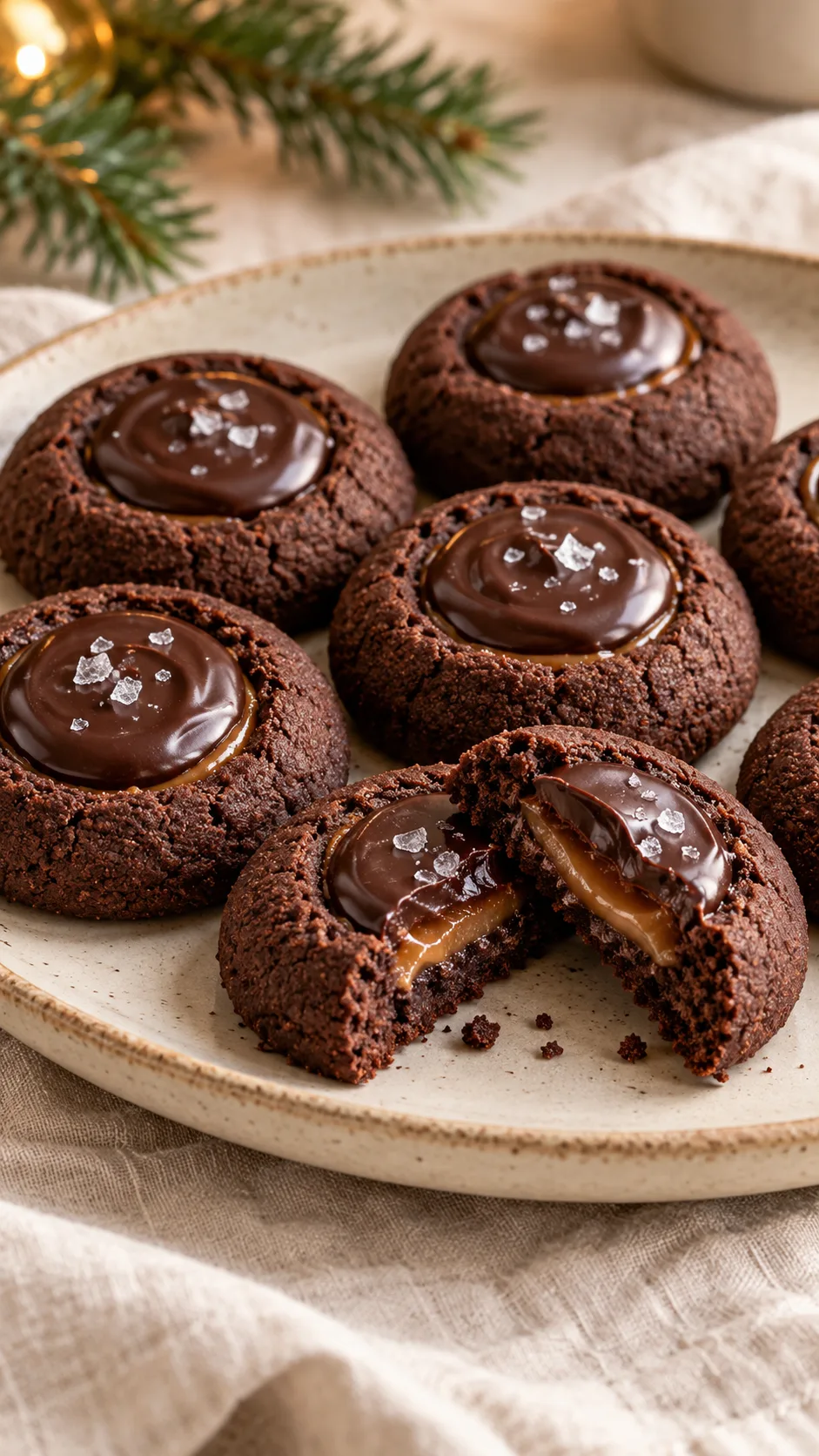 Cocoa thumbprints with ganache and flaky salt, one broken to show caramel underneath