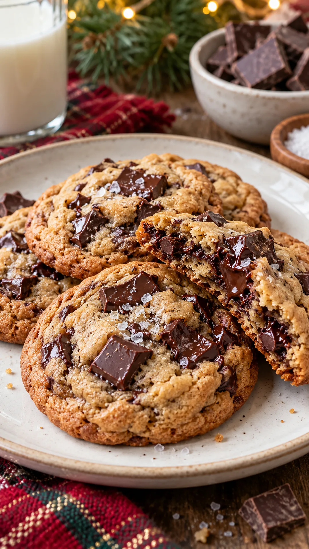 Salted Dark Chocolate Chunk Cookies cookies arranged on a plate, photographed close enough to show their baked surface and finish.
