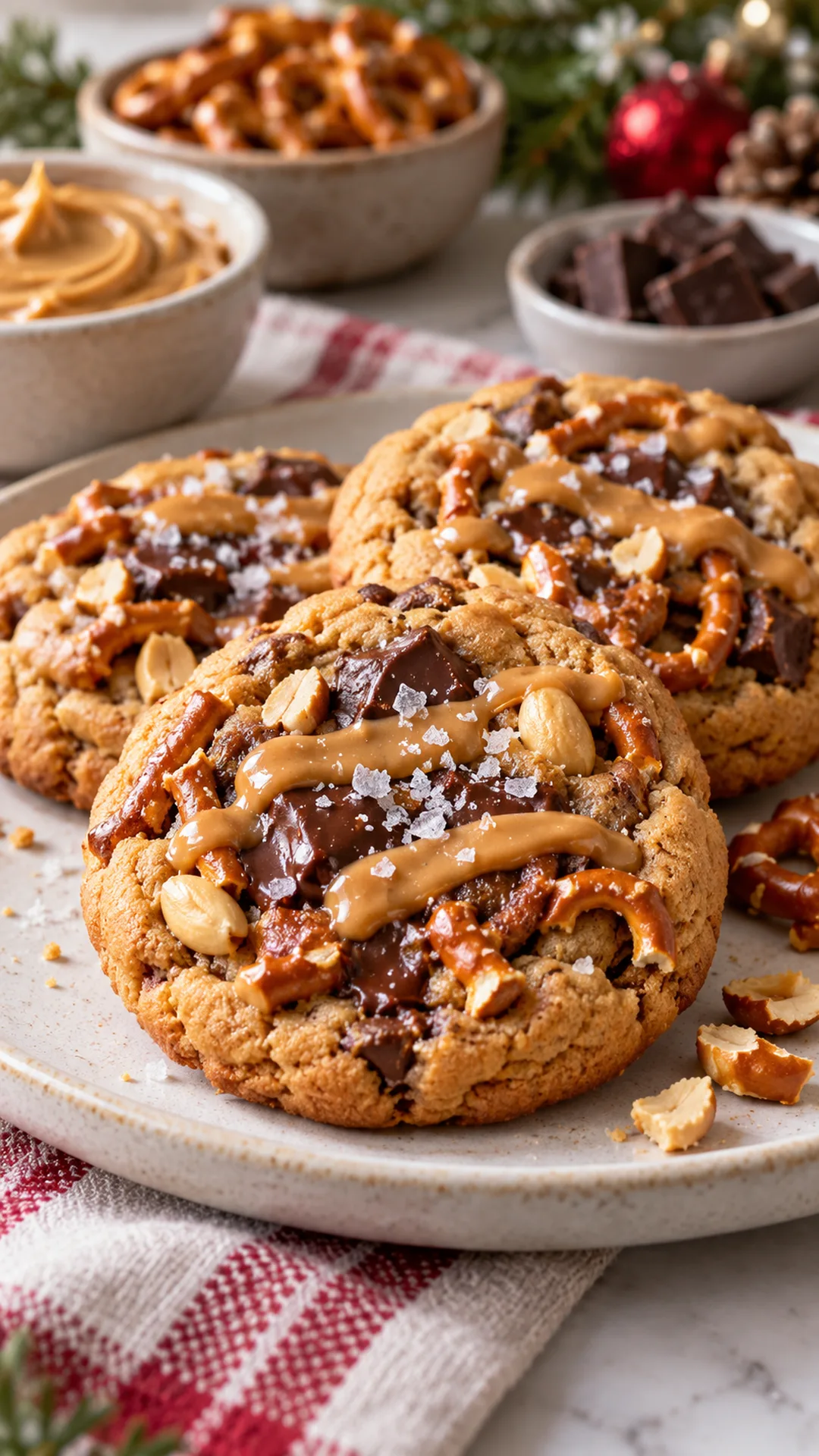 Salted Peanut Butter Pretzel Cookies cookies arranged on a plate, photographed close enough to show their baked surface and finish.