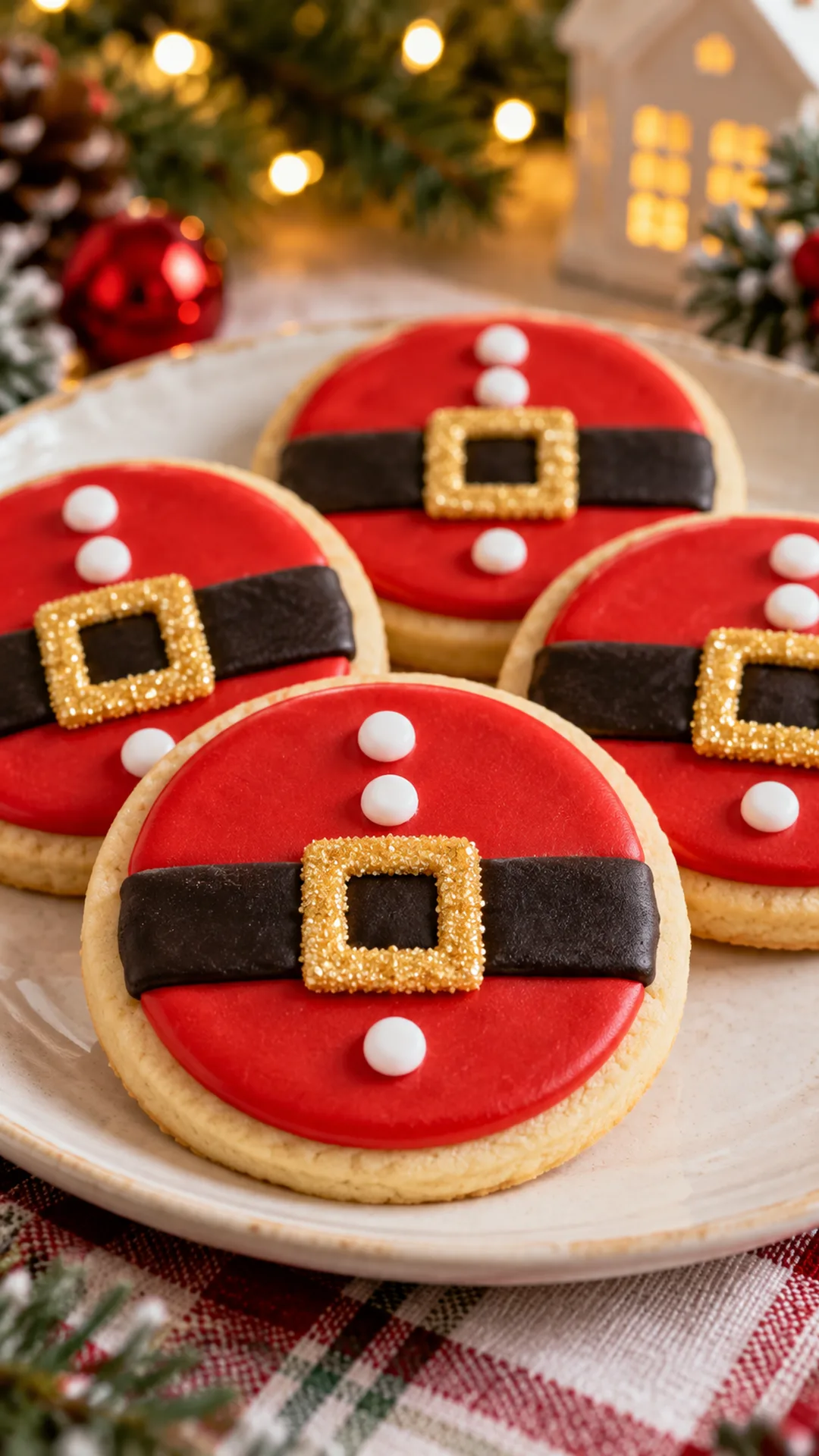 Santa’s Belt Sugar Cookies cookies arranged on a plate, photographed close enough to show their baked surface and finish.