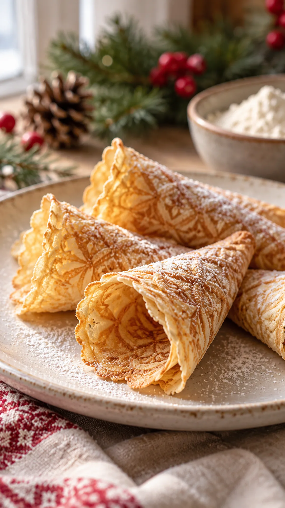Scandinavian Krumkake cookies arranged on a plate, photographed close enough to show their baked surface and finish.