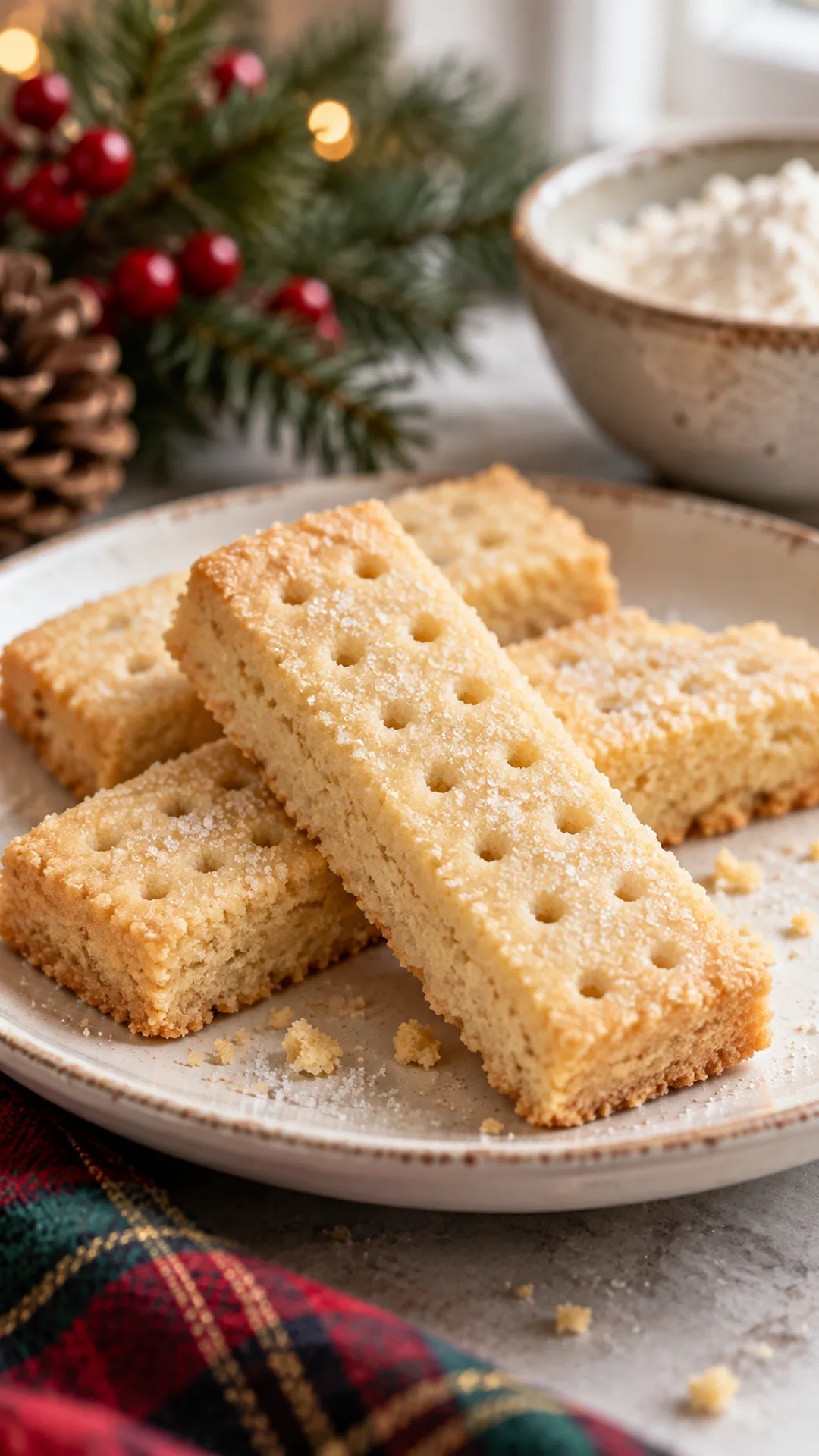 Scottish Shortbread Fingers cookies arranged on a plate, photographed close enough to show their baked surface and finish.