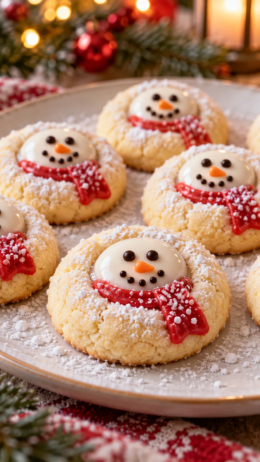 Snowman Thumbprint Cookies cookies arranged on a plate, photographed close enough to show their baked surface and finish.