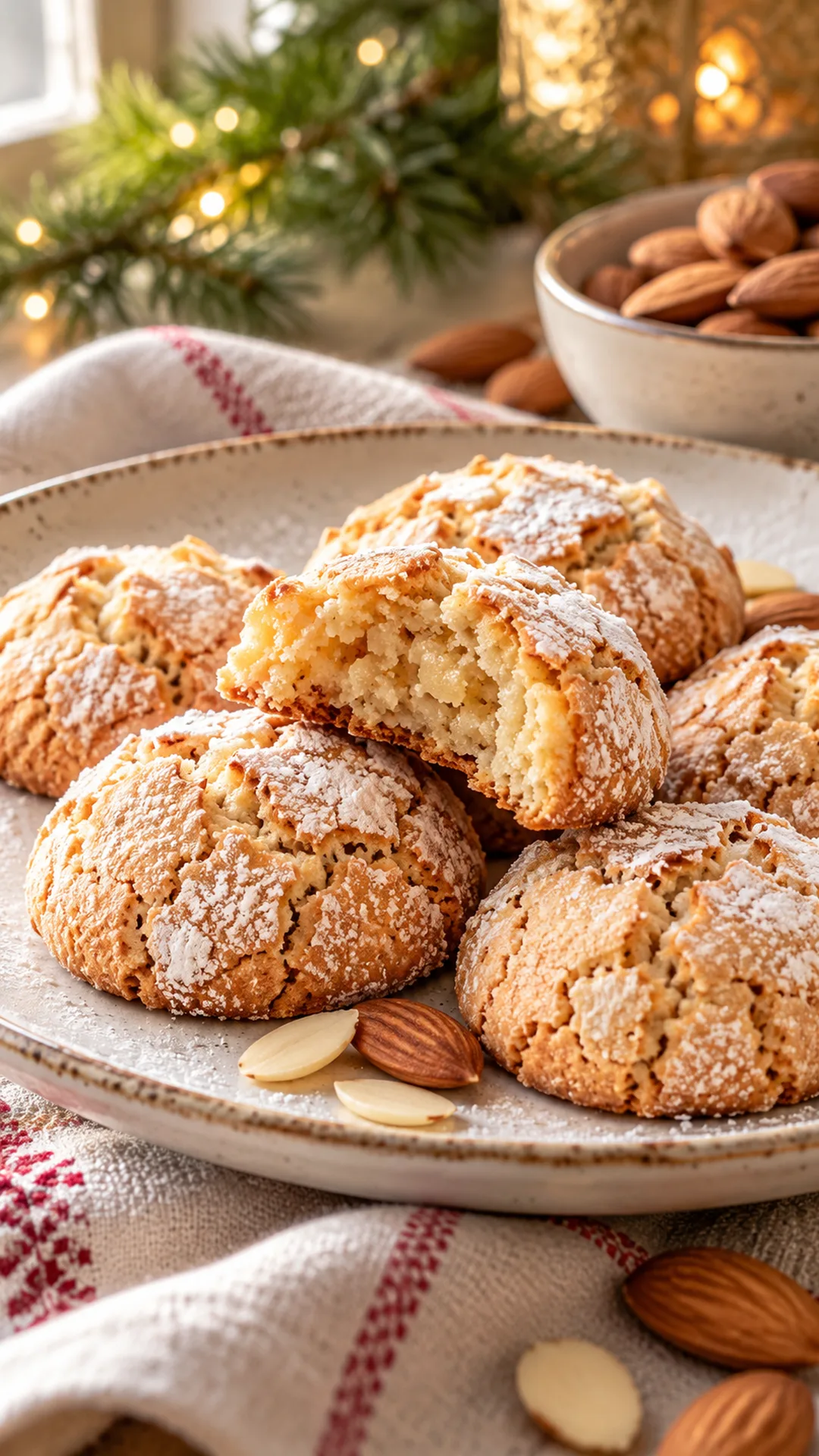 Soft Almond Amaretti cookies arranged on a plate, photographed close enough to show their baked surface and finish.