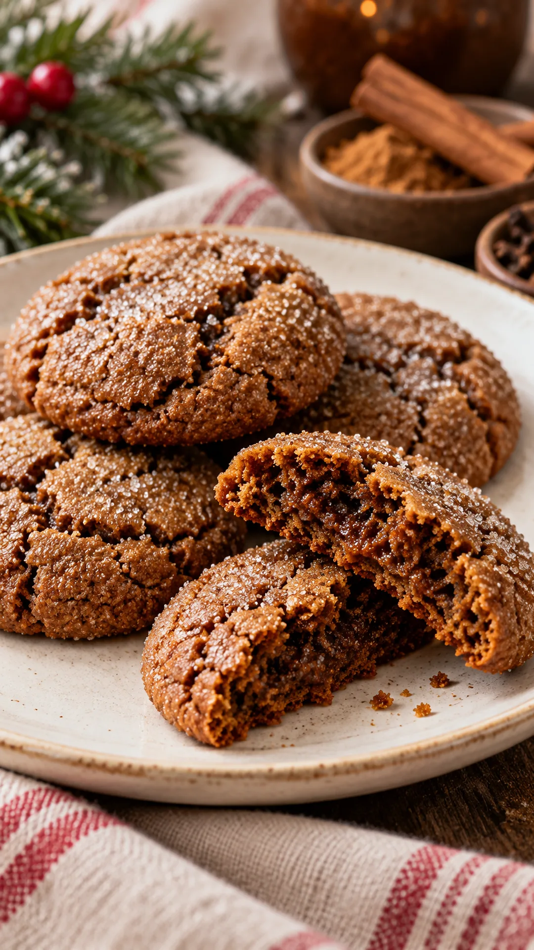 Soft Chewy Molasses Spice Cookies cookies arranged on a plate, photographed close enough to show their baked surface and finish.
