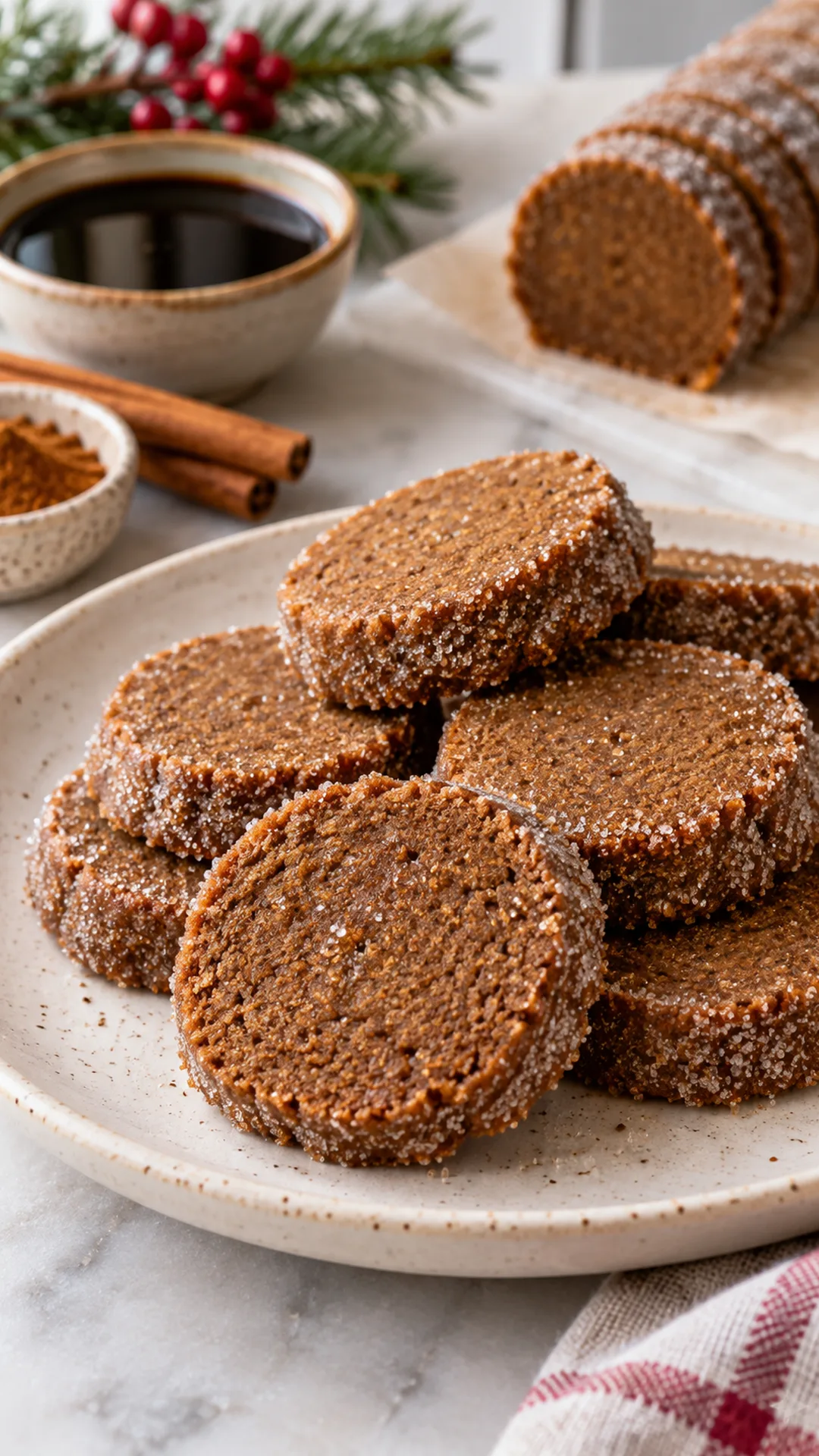 Spiced Molasses Icebox Cookies cookies arranged on a plate, photographed close enough to show their baked surface and finish.