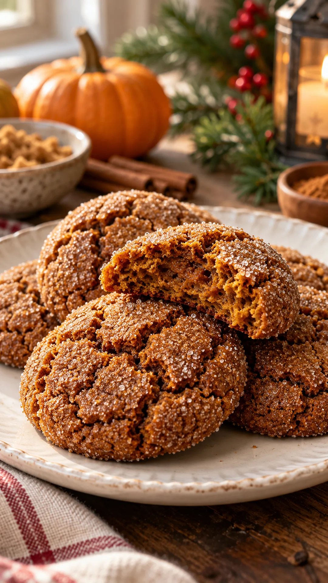 Spiced Pumpkin Molasses Cookies cookies arranged on a plate, photographed close enough to show their baked surface and finish.