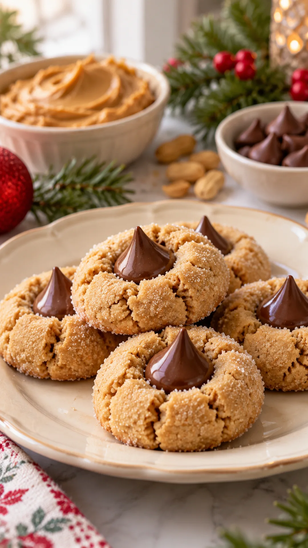 Sugar-Free Peanut Butter Christmas Cookies cookies arranged on a plate, photographed close enough to show their baked surface and finish.