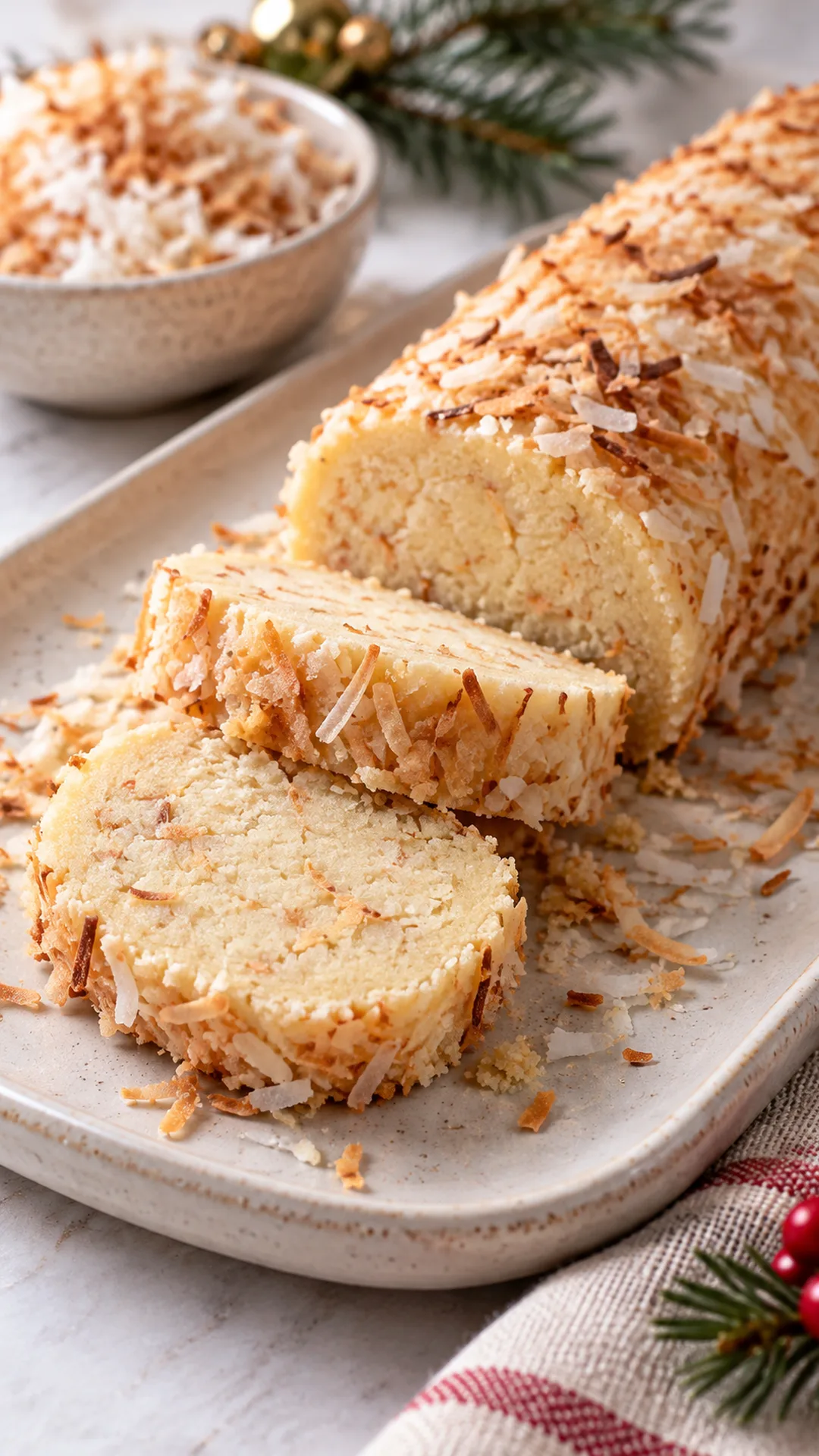 Toasted Coconut Shortbread Log cookies arranged on a plate, photographed close enough to show their baked surface and finish.