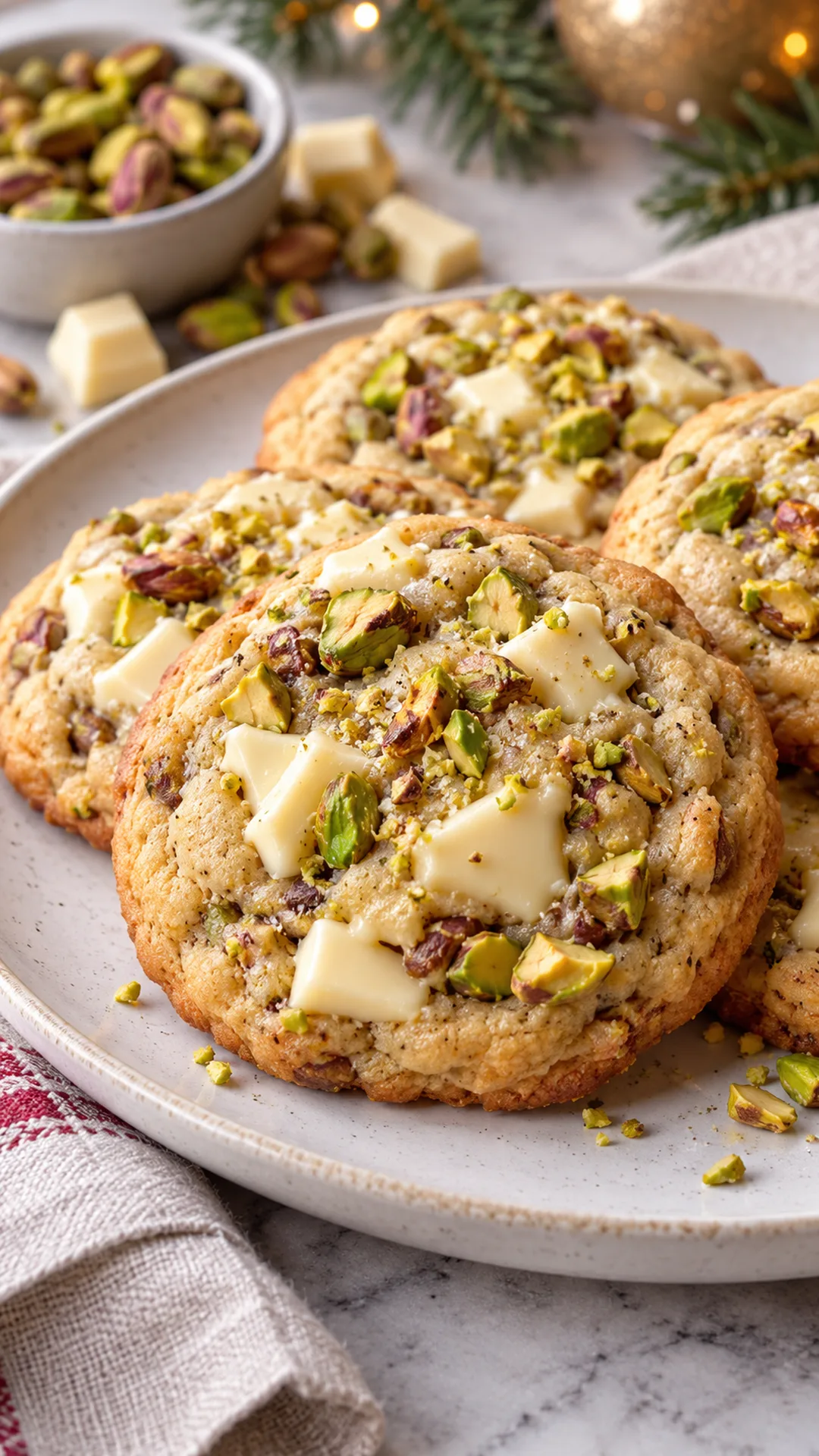 Toasted Pistachio White Chocolate Cookies cookies arranged on a plate, photographed close enough to show their baked surface and finish.