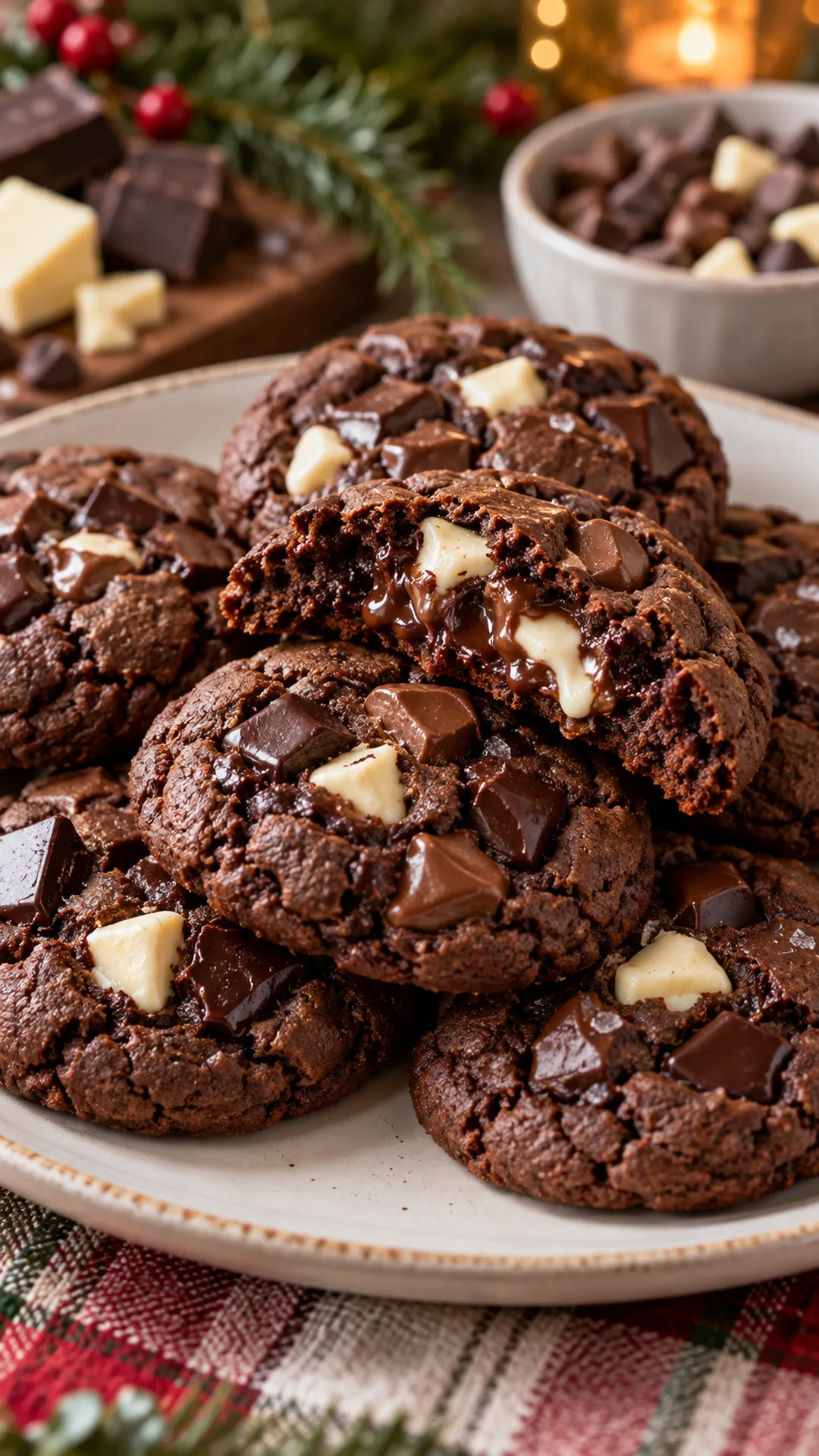 Triple Chocolate Truffle Cookies cookies arranged on a plate, photographed close enough to show their baked surface and finish.