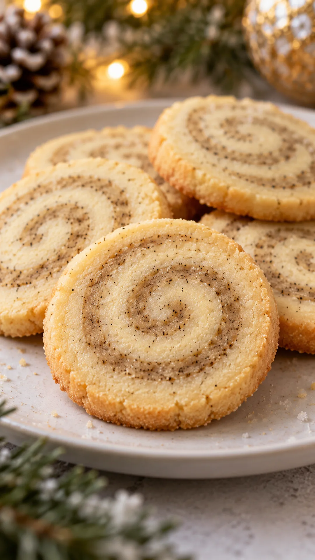 Vanilla Bean Slice-and-Bake Cookies cookies arranged on a plate, photographed close enough to show their baked surface and finish.