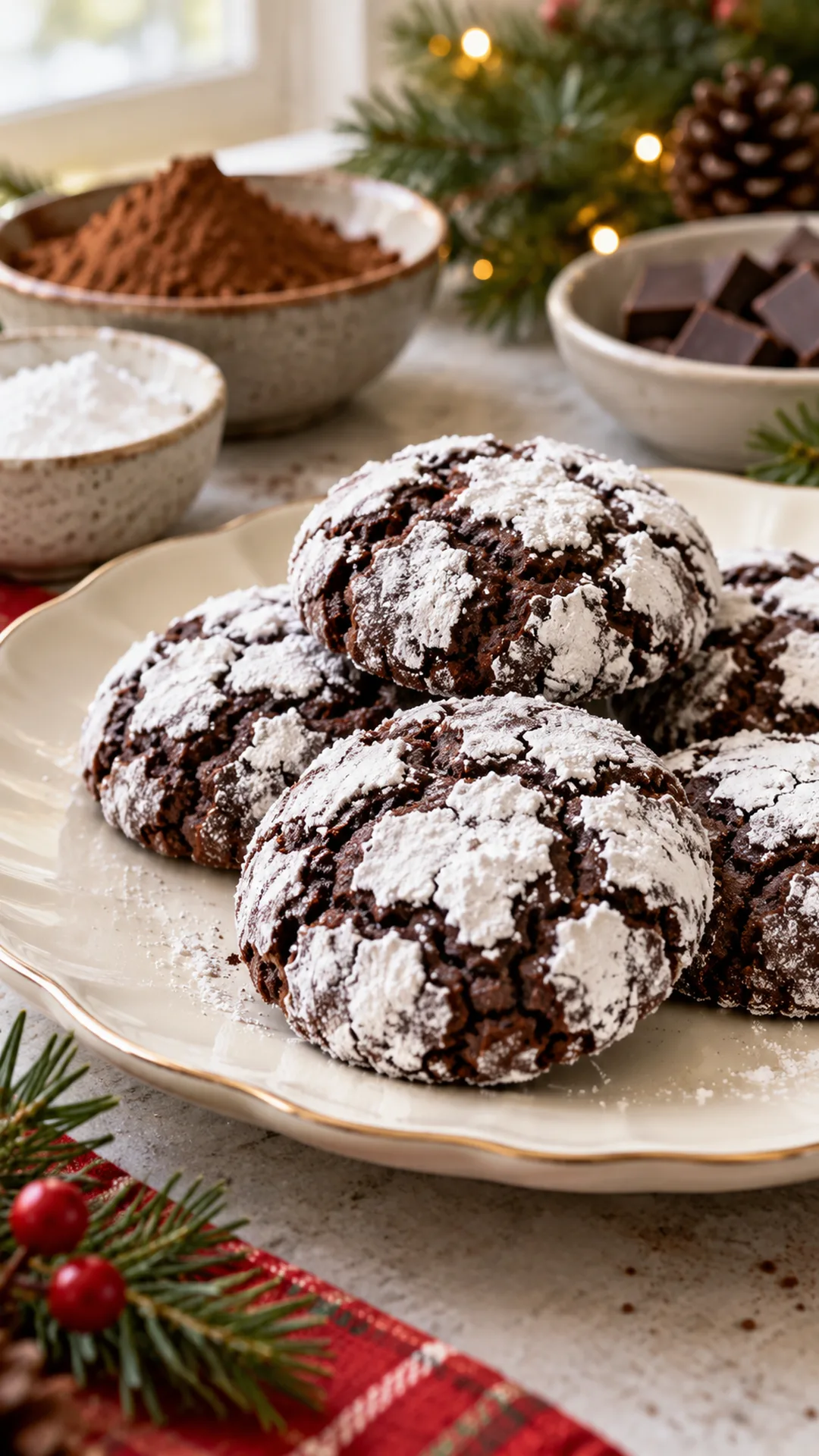 Vegan Chocolate Crinkle Cookies cookies arranged on a plate, photographed close enough to show their baked surface and finish.