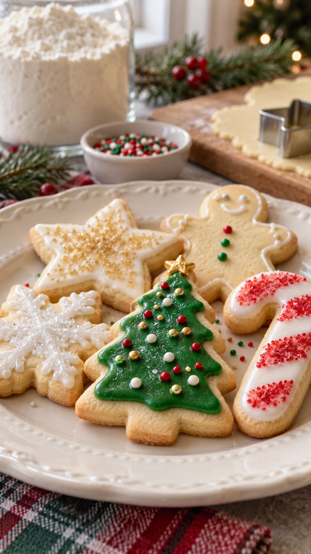 Vegan Classic Sugar Cut-Out Cookies cookies arranged on a plate, photographed close enough to show their baked surface and finish.