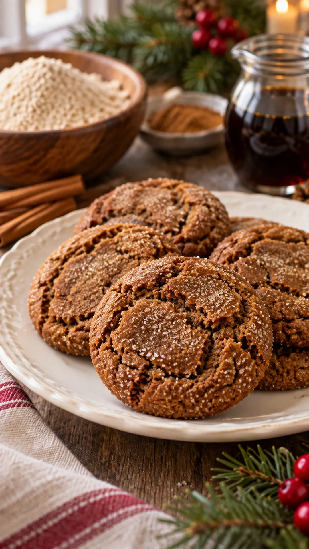 Whole Wheat Spiced Molasses Cookies cookies arranged on a plate, photographed close enough to show their baked surface and finish.