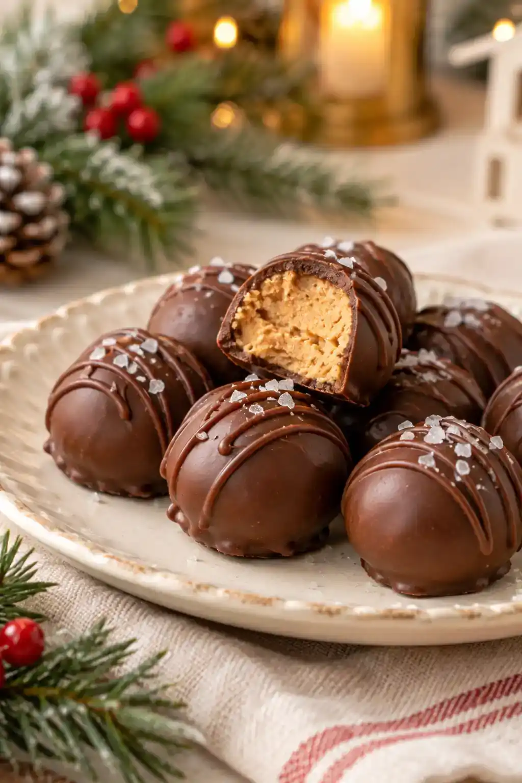 3-Ingredient Peanut Butter Balls: round peanut butter confections with chocolate shells, with a cut center showing the filling.