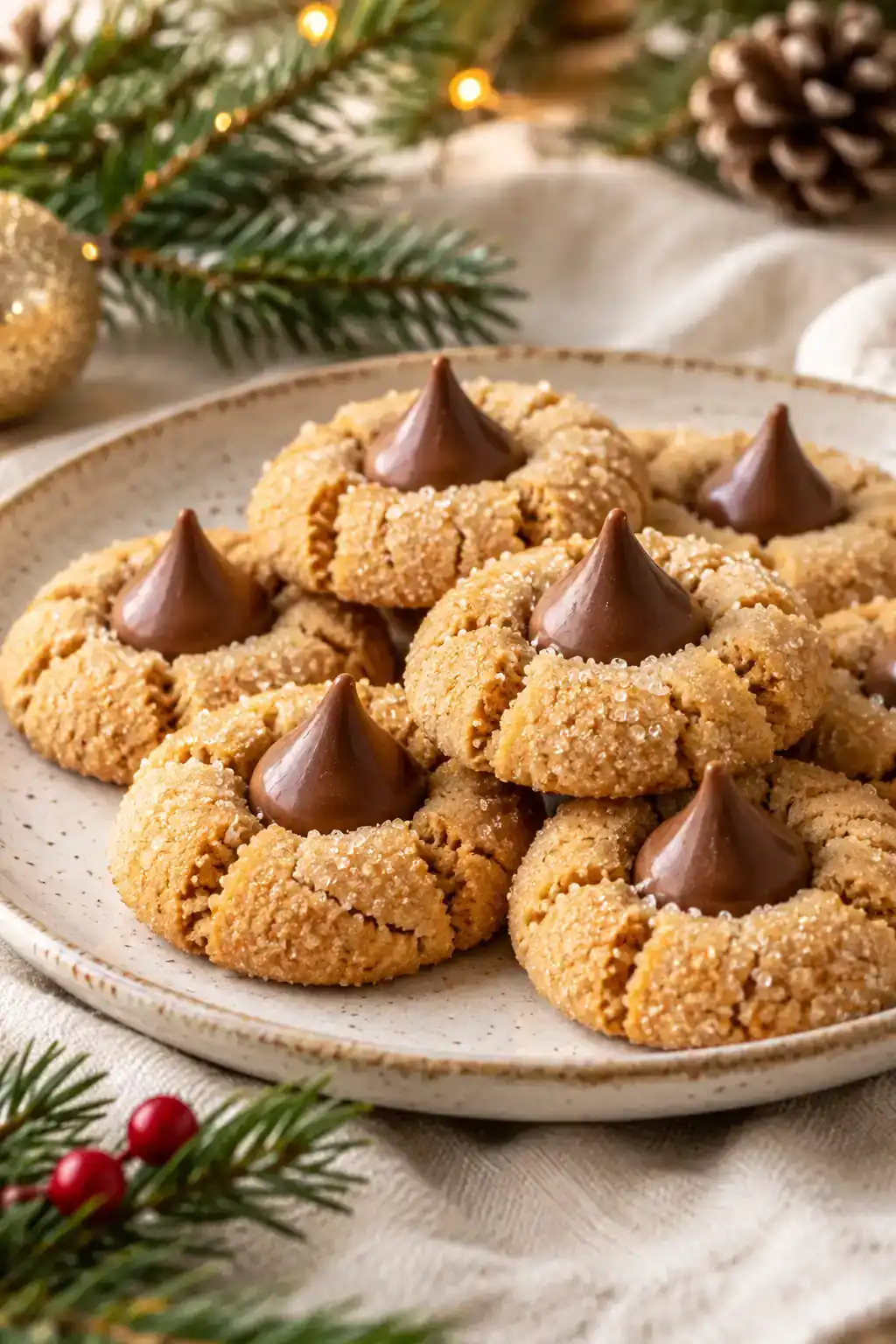 3-Ingredient Peanut Butter Blossoms: golden round cookies with chocolate kiss-shaped centers on a ceramic plate.