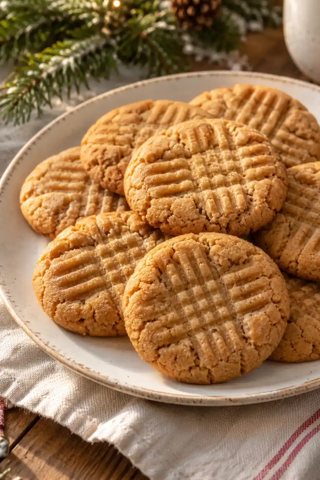 3-Ingredient Peanut Butter Cookies: plain golden peanut butter cookies with fork crosshatch markings.