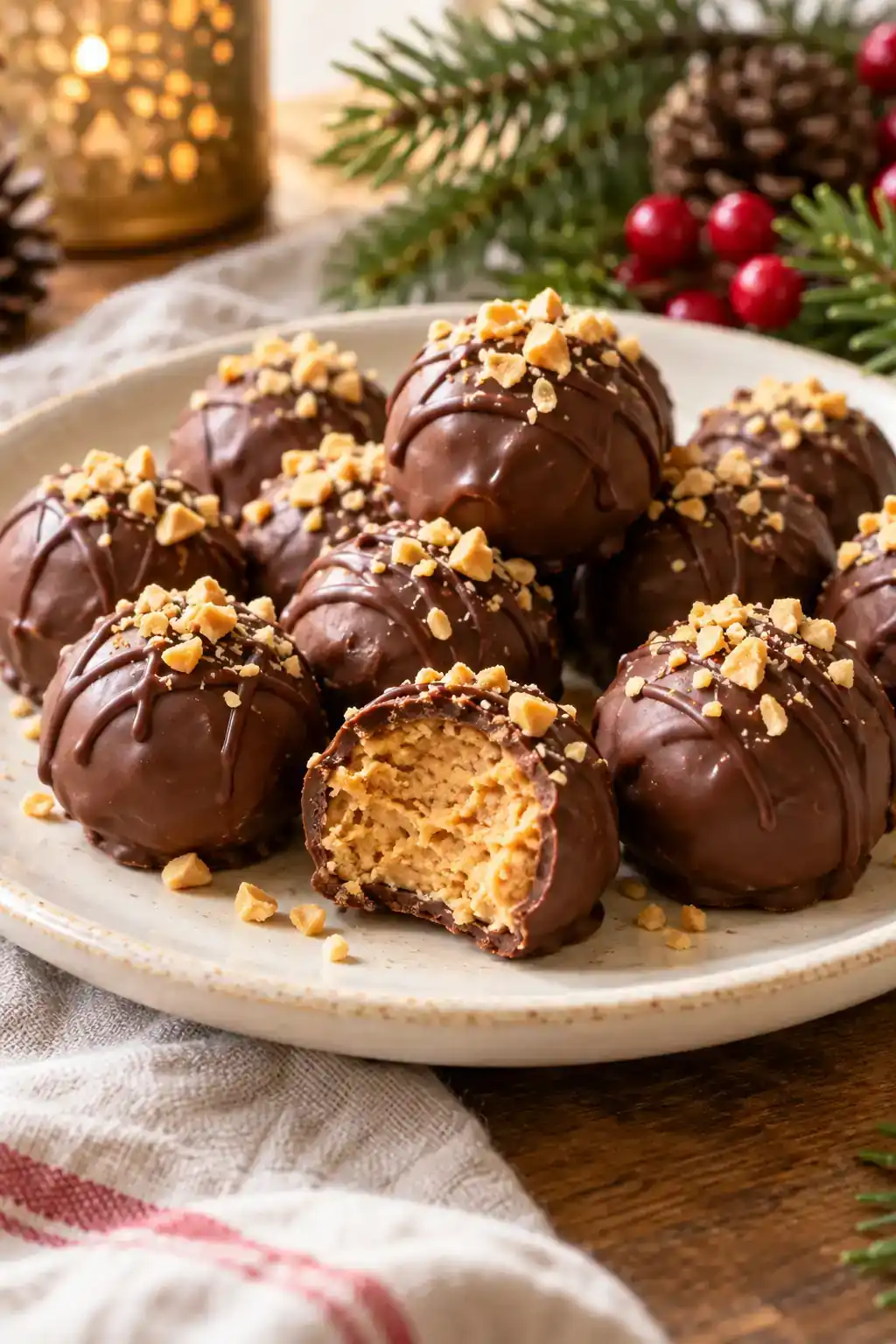4-Ingredient Peanut Butter Balls: round peanut butter confections with chocolate shells, with a cut center showing the filling.