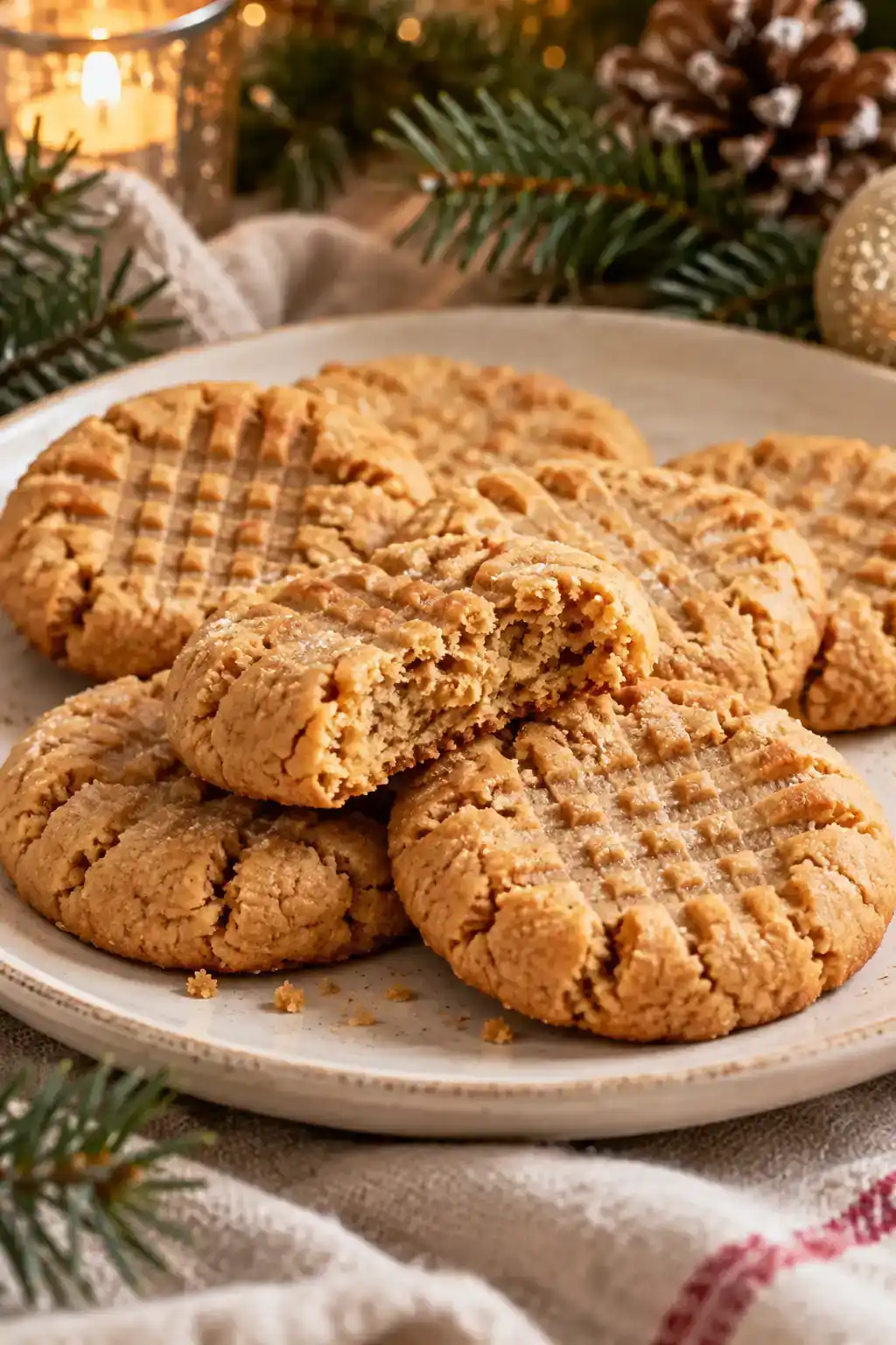 4-Ingredient Peanut Butter Cookies: golden peanut butter cookies with fork markings and a visible crumb.