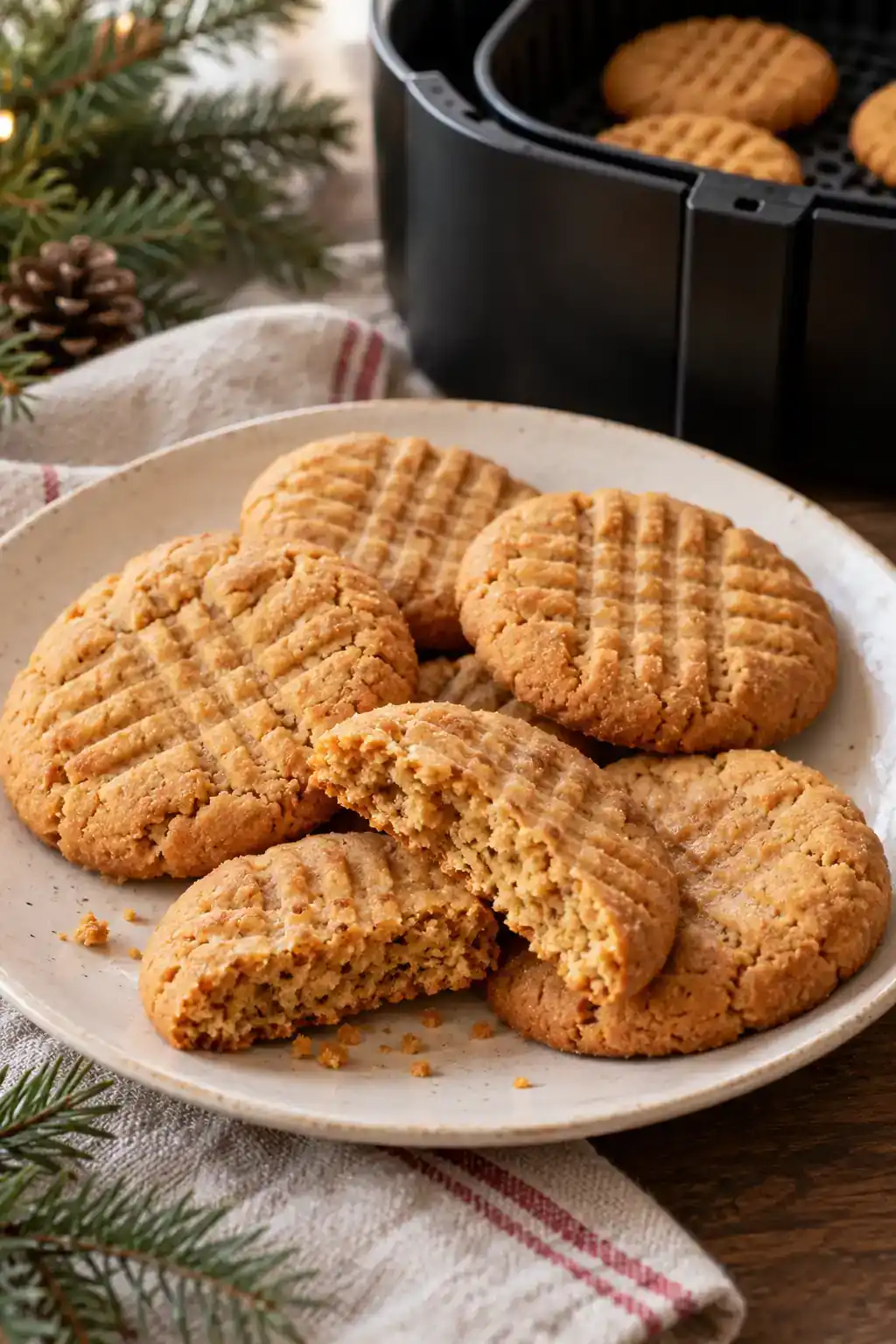 Air Fryer Peanut Butter Cookies: plain fork-pressed peanut butter cookies shown with an air-fryer basket behind them.