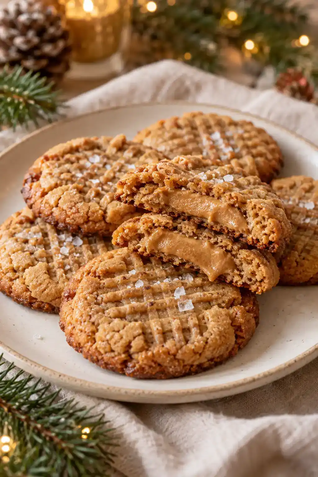 Brown Butter Peanut Butter Cookies: golden peanut butter cookies with fork markings and a broken cookie showing the crumb.
