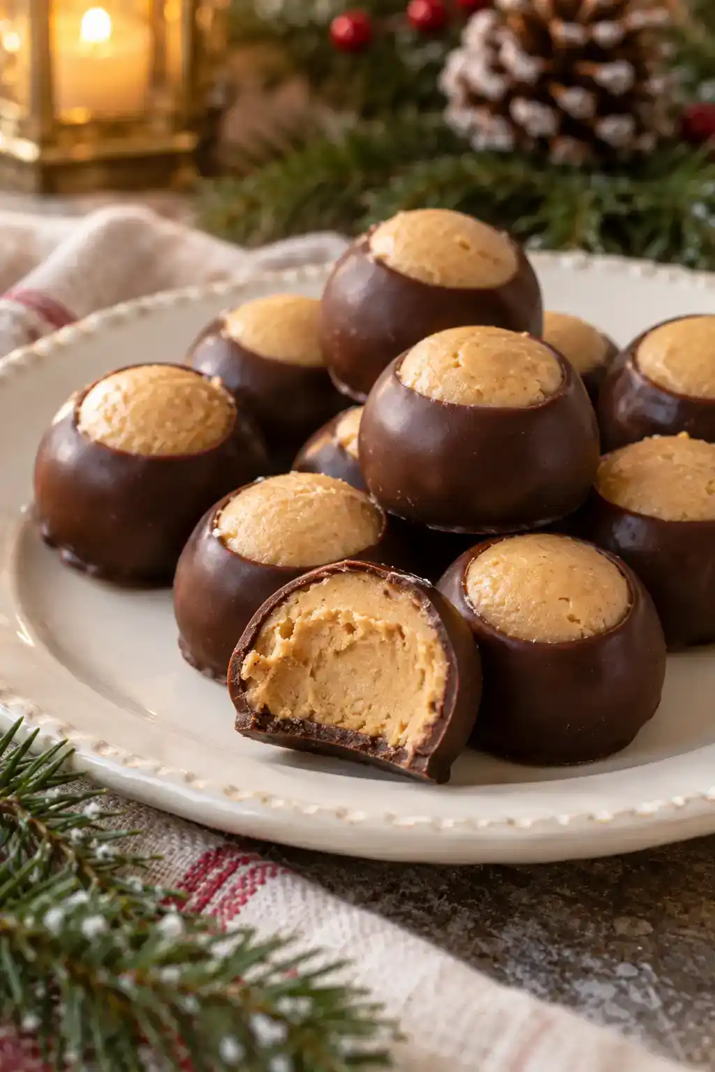 Buckeye Candy: partly chocolate-dipped peanut butter balls with their pale centers visible at the top.