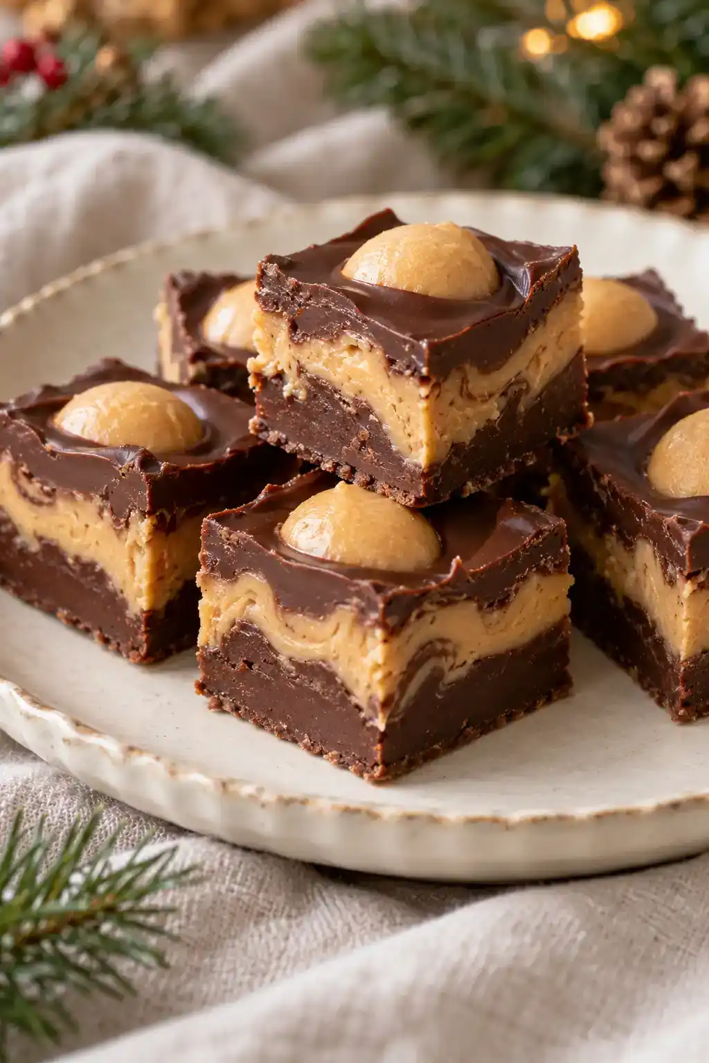 Buckeye Fudge: two-layer peanut butter and chocolate fudge squares with buckeye-style decorations.