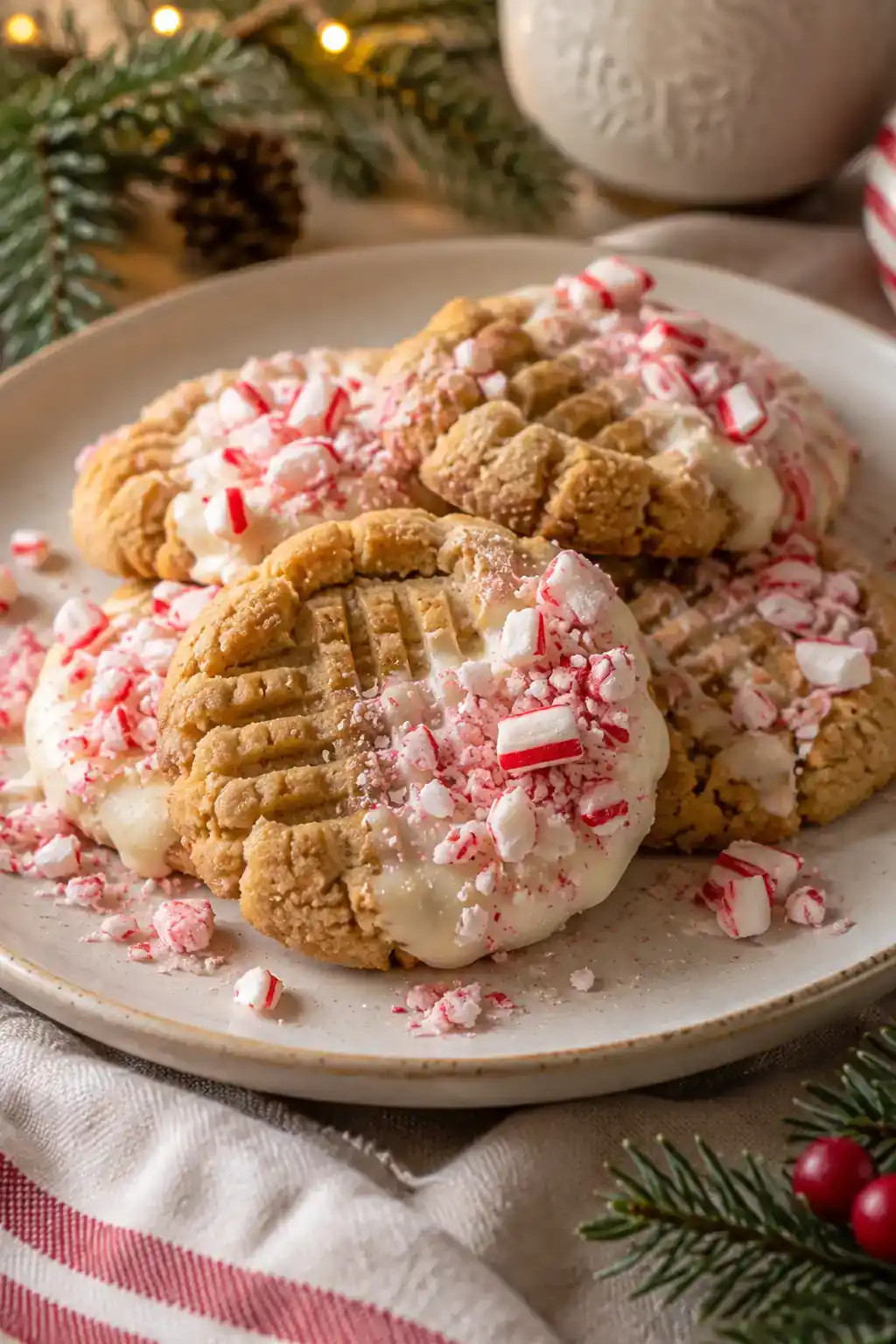 Candy Cane Peanut Butter Cookies: fork-marked peanut butter cookies partly coated in white chocolate and crushed red-and-white candy.