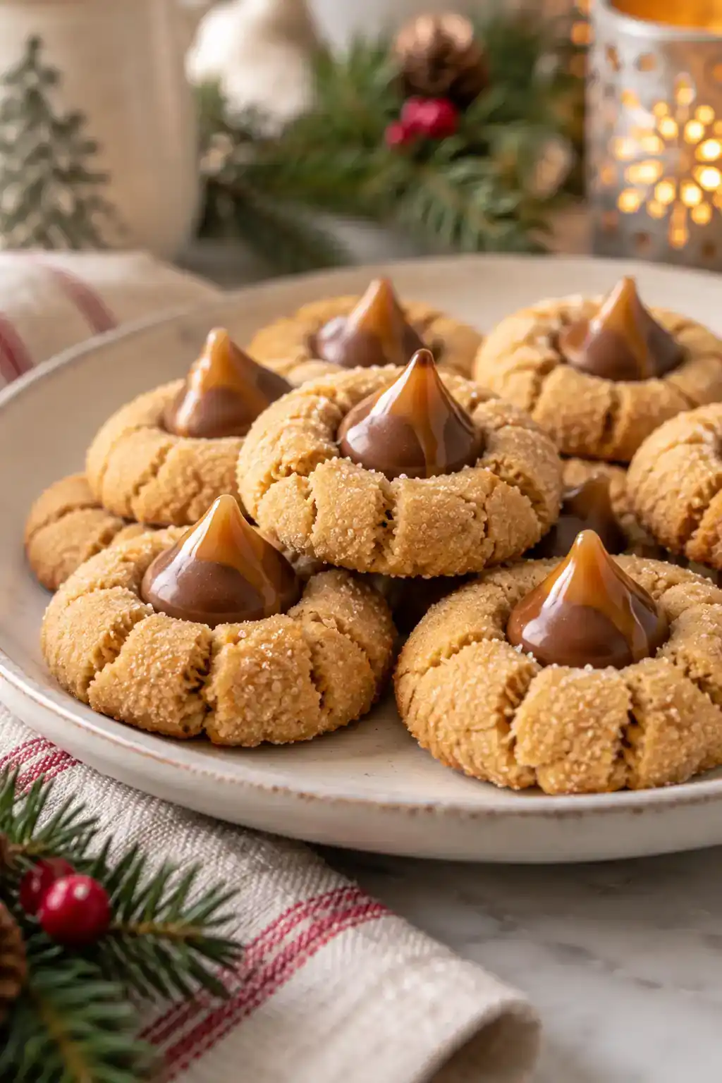 Caramel Kiss Peanut Butter Blossoms: golden round cookies with chocolate kiss-shaped centers on a ceramic plate.