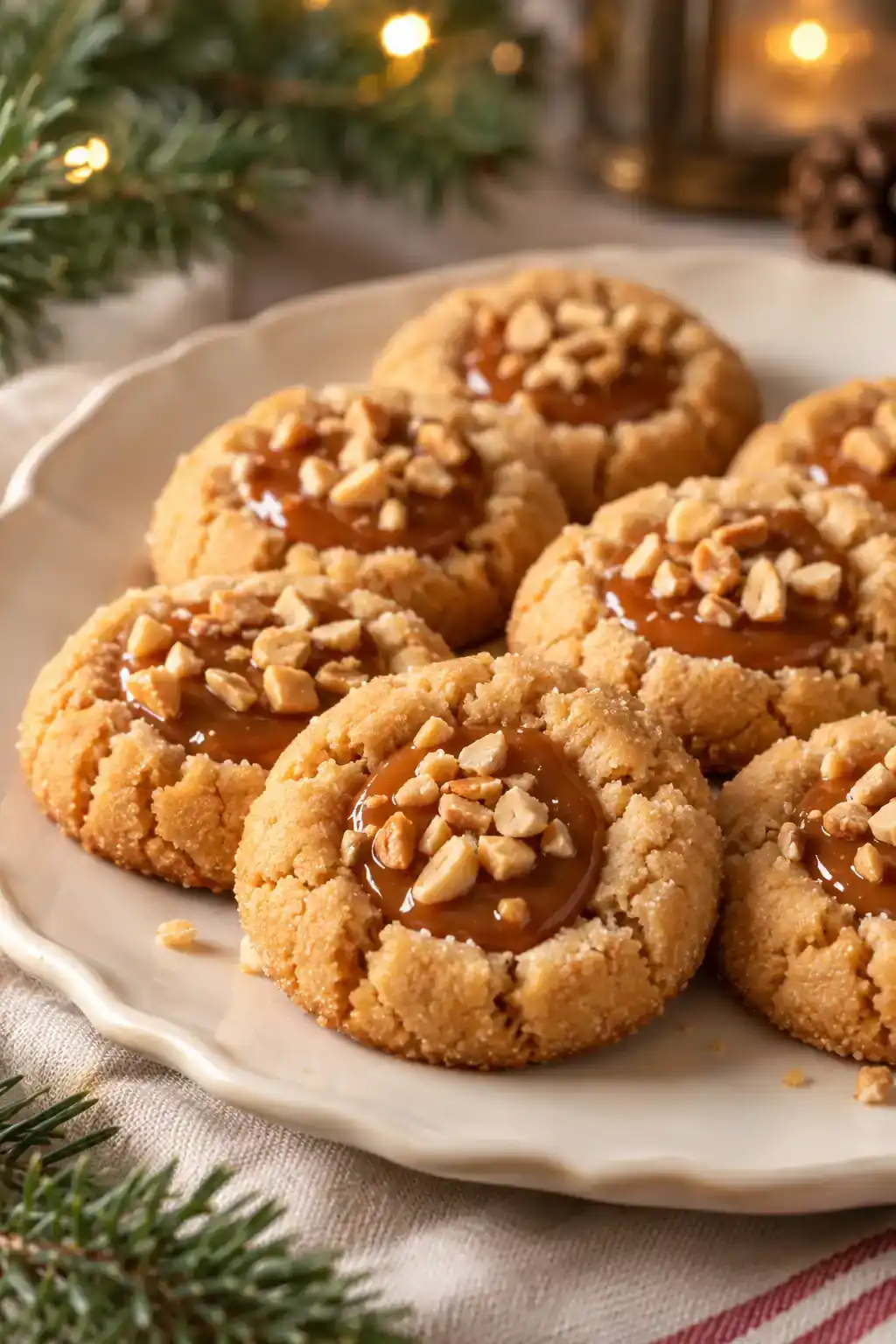 Caramel Peanut Butter Thumbprint Cookies: peanut butter thumbprints with caramel-colored centers and chopped nuts.