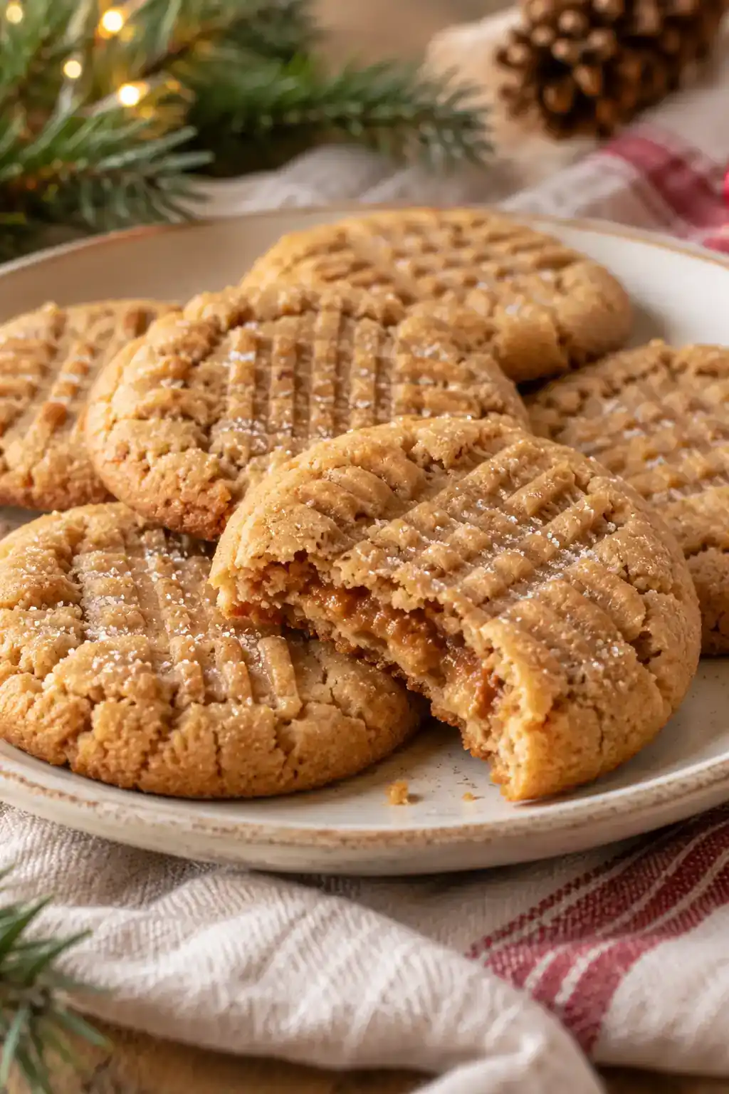 Chewy Peanut Butter Cookies: golden peanut butter cookies with fork markings and a visible crumb.