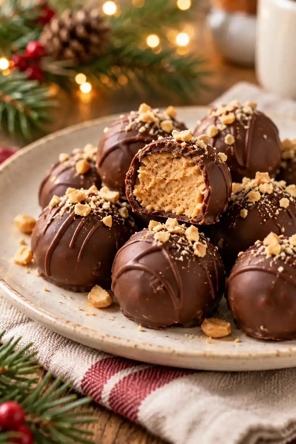 Chocolate Covered Peanut Butter Balls: round peanut butter confections with chocolate shells, with a cut center showing the filling.