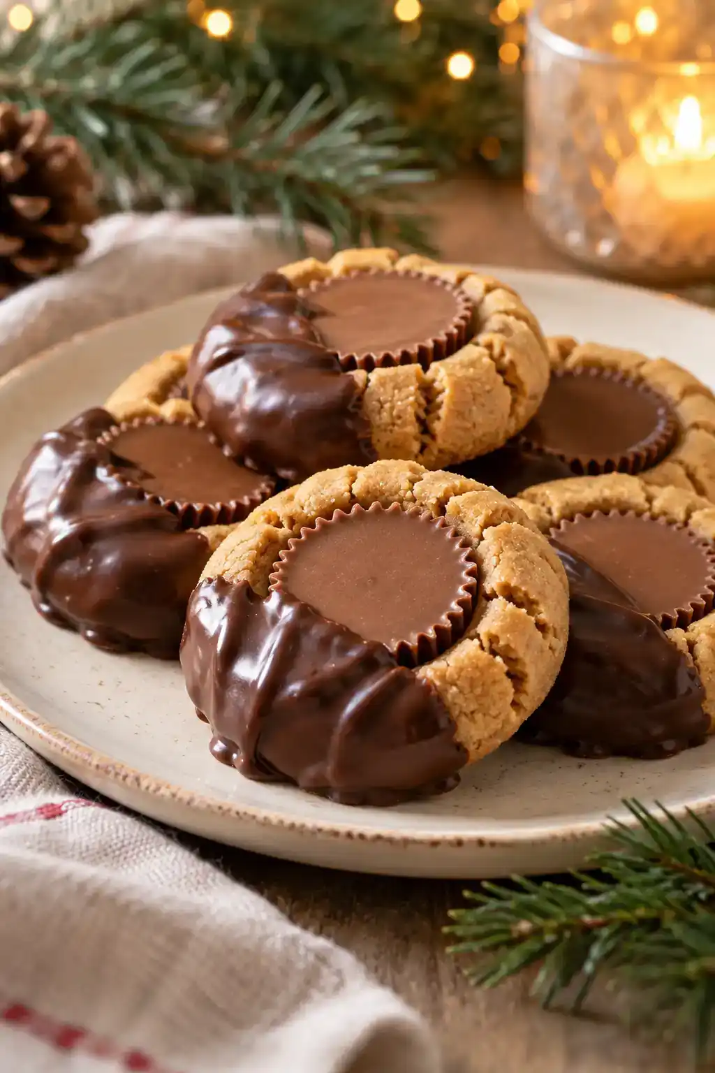 Chocolate Dipped Peanut Butter Cup Cookies: peanut butter cup cookies dipped partly in chocolate.