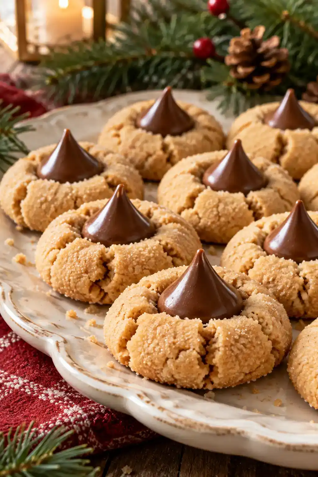 Chocolate Kiss Peanut Butter Cookies: golden round cookies with chocolate kiss-shaped centers on a ceramic plate.