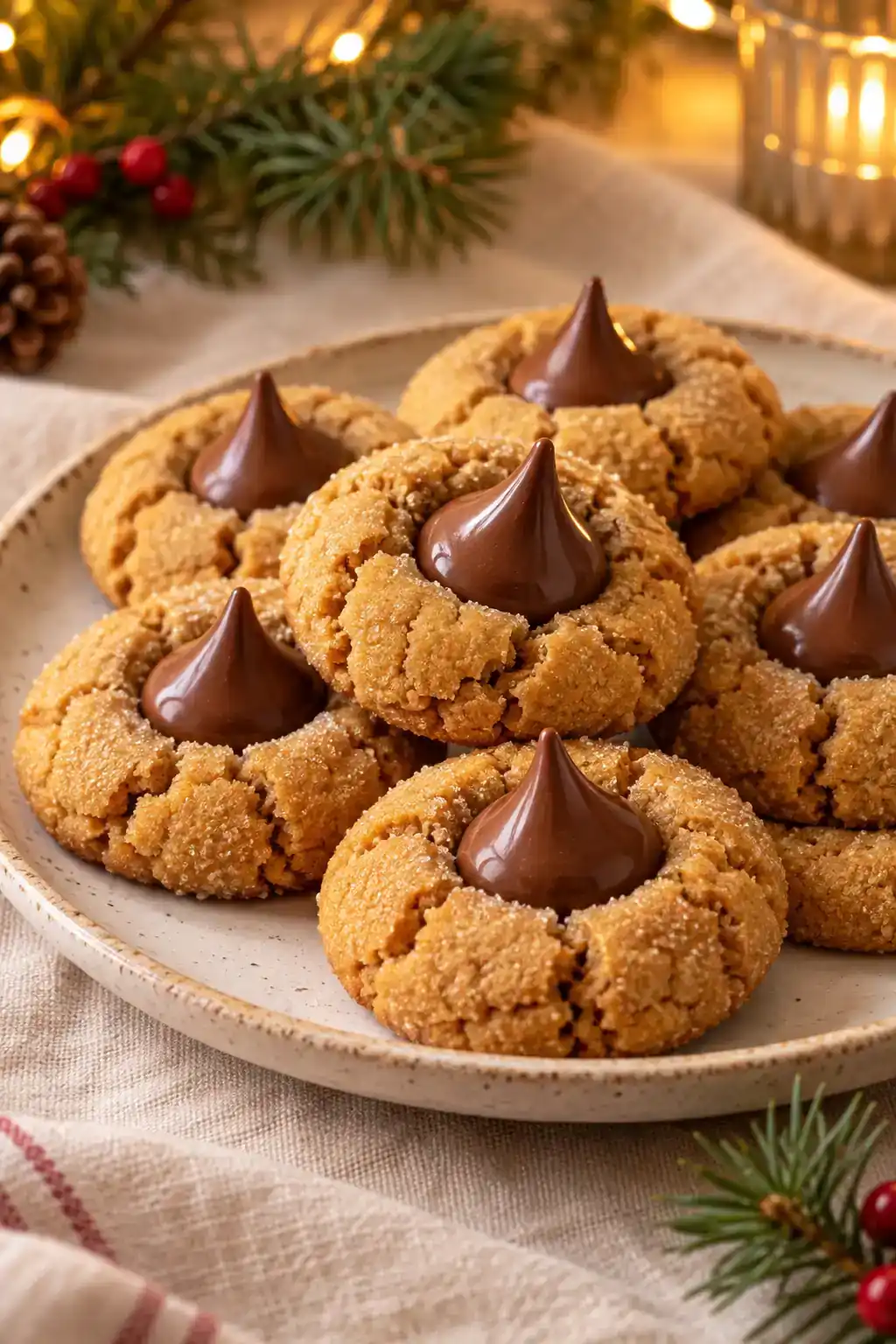 Chocolate Peanut Butter Blossoms: golden round cookies with chocolate kiss-shaped centers on a ceramic plate.