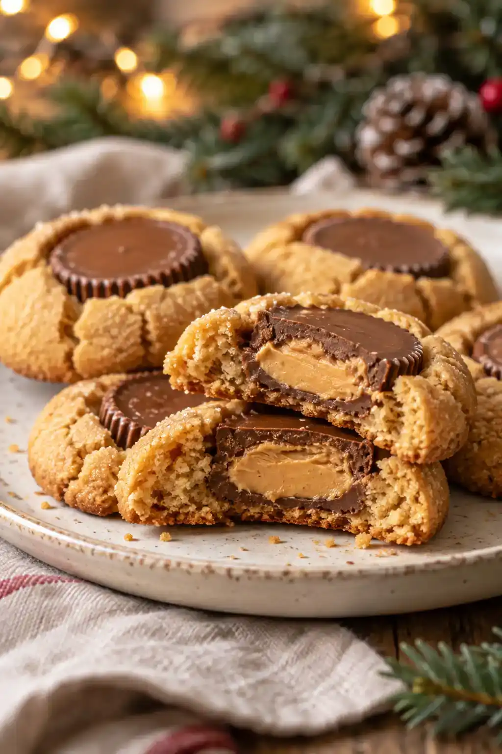 Chocolate Peanut Butter Cup Cookies: peanut butter cookies with chocolate cup centers, one cut to show the filling.