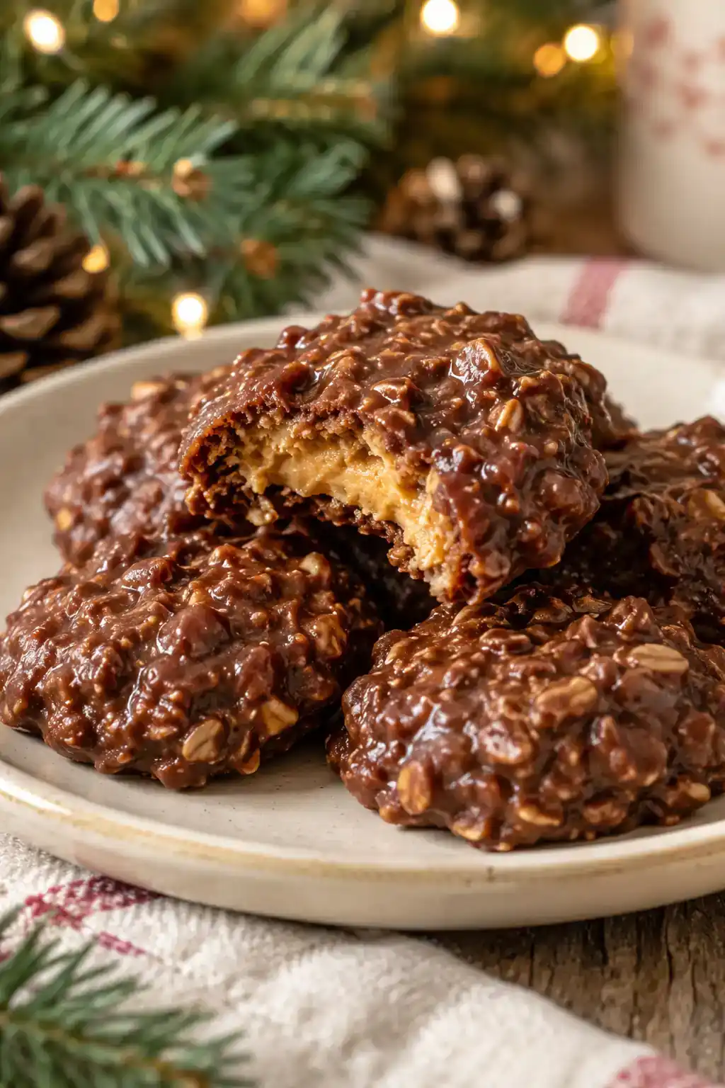 Chocolate Peanut Butter No-Bake Cookies: peanut butter oat clusters on a ceramic plate.
