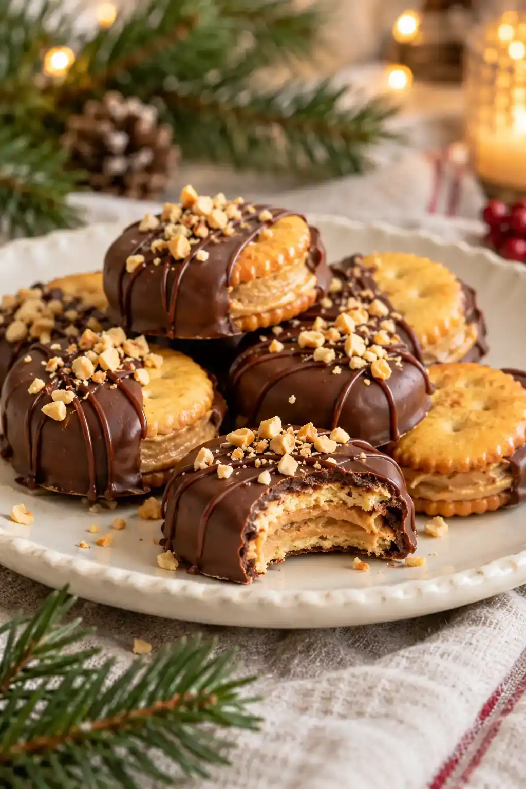 Chocolate Peanut Butter Ritz Cookies: round peanut butter cracker sandwiches dipped in chocolate.