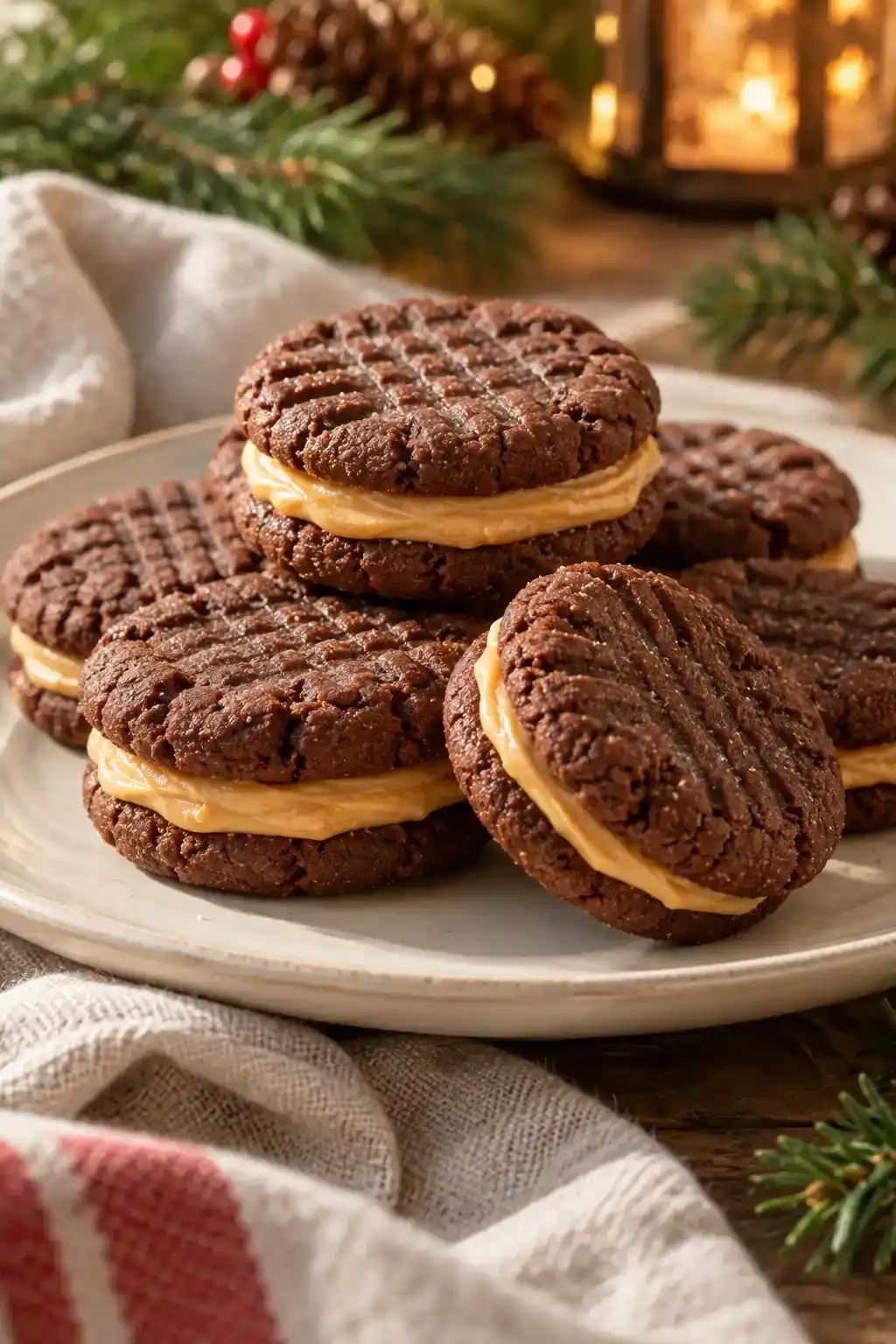 Chocolate Peanut Butter Sandwich Cookies: dark cocoa sandwich cookies with a pale peanut butter filling seam.