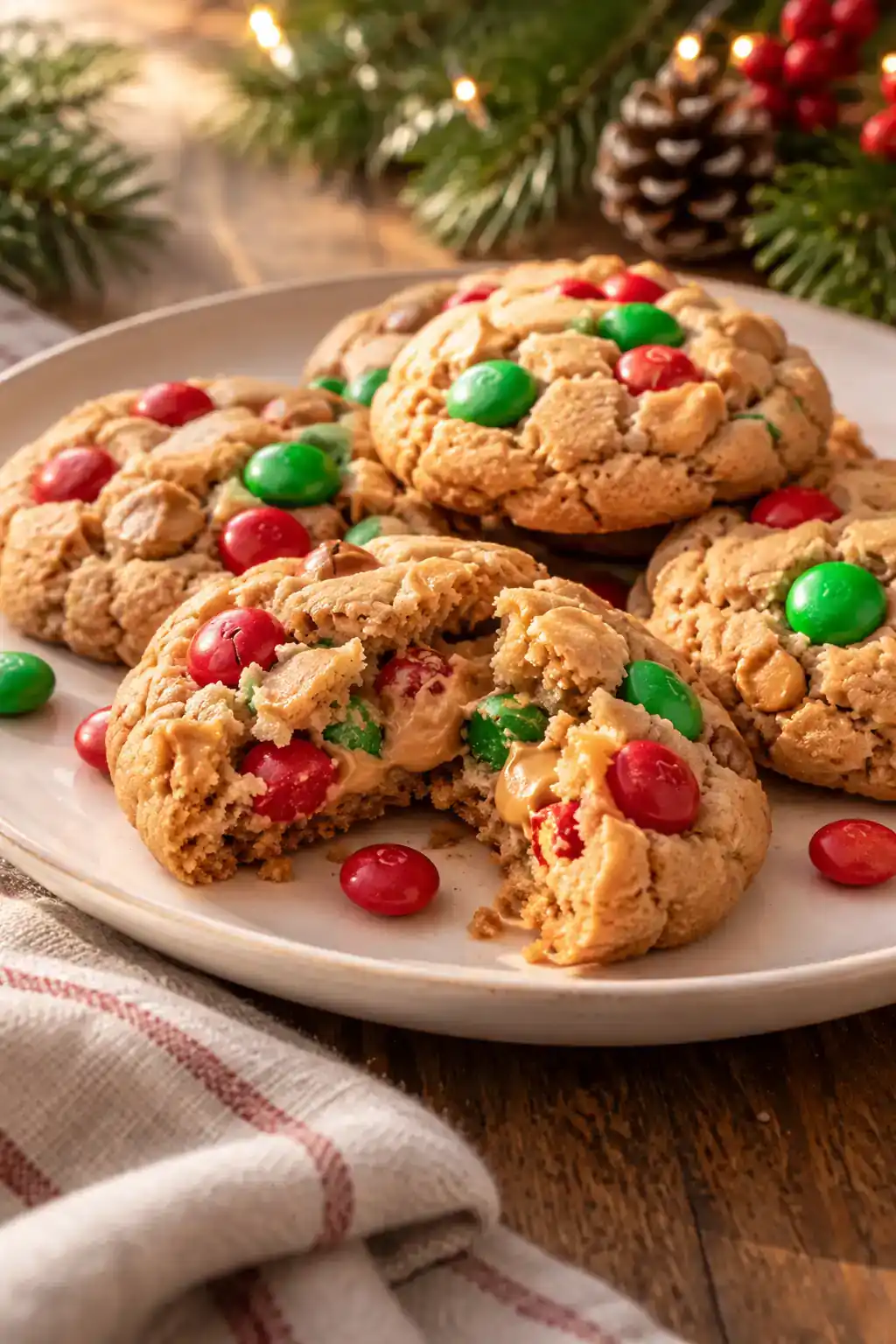 Christmas M&M Peanut Butter Cookies: round peanut butter cookies dotted with red and green candy-coated chocolates.