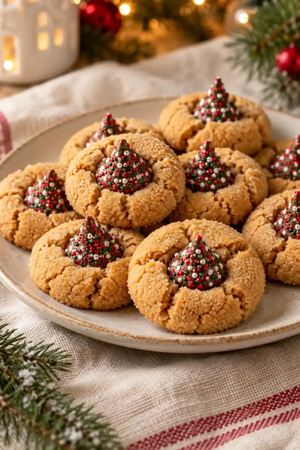 Christmas Peanut Butter Blossoms: golden round cookies with chocolate kiss-shaped centers on a ceramic plate.