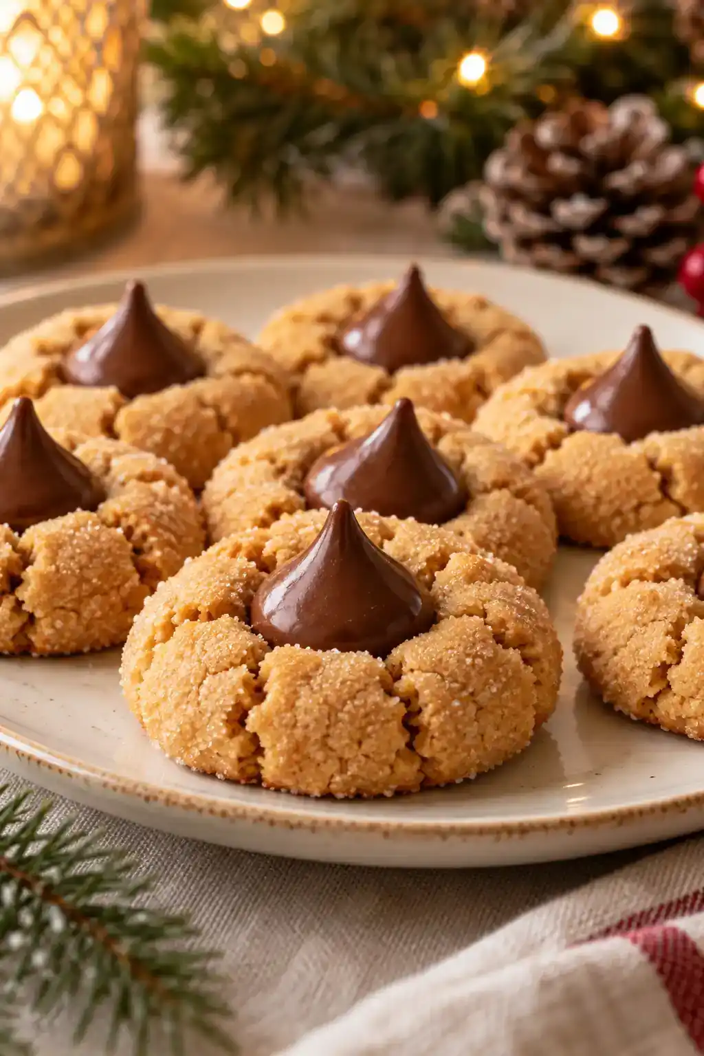 Christmas Peanut Butter Cookies: golden peanut butter cookies with chocolate kiss-shaped centers.
