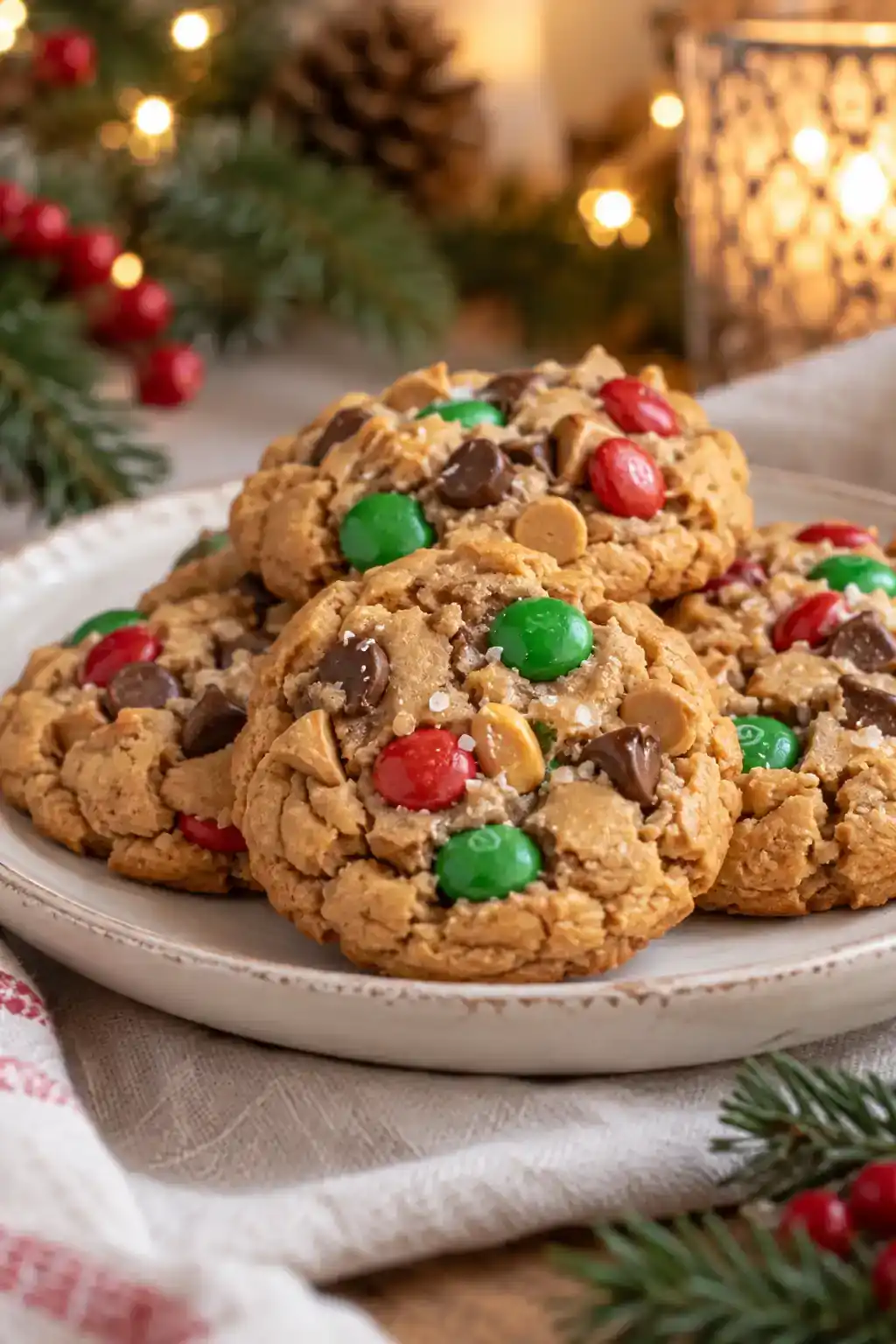 Christmas Peanut Butter Monster Cookies: round peanut butter cookies dotted with red and green candy-coated chocolates.