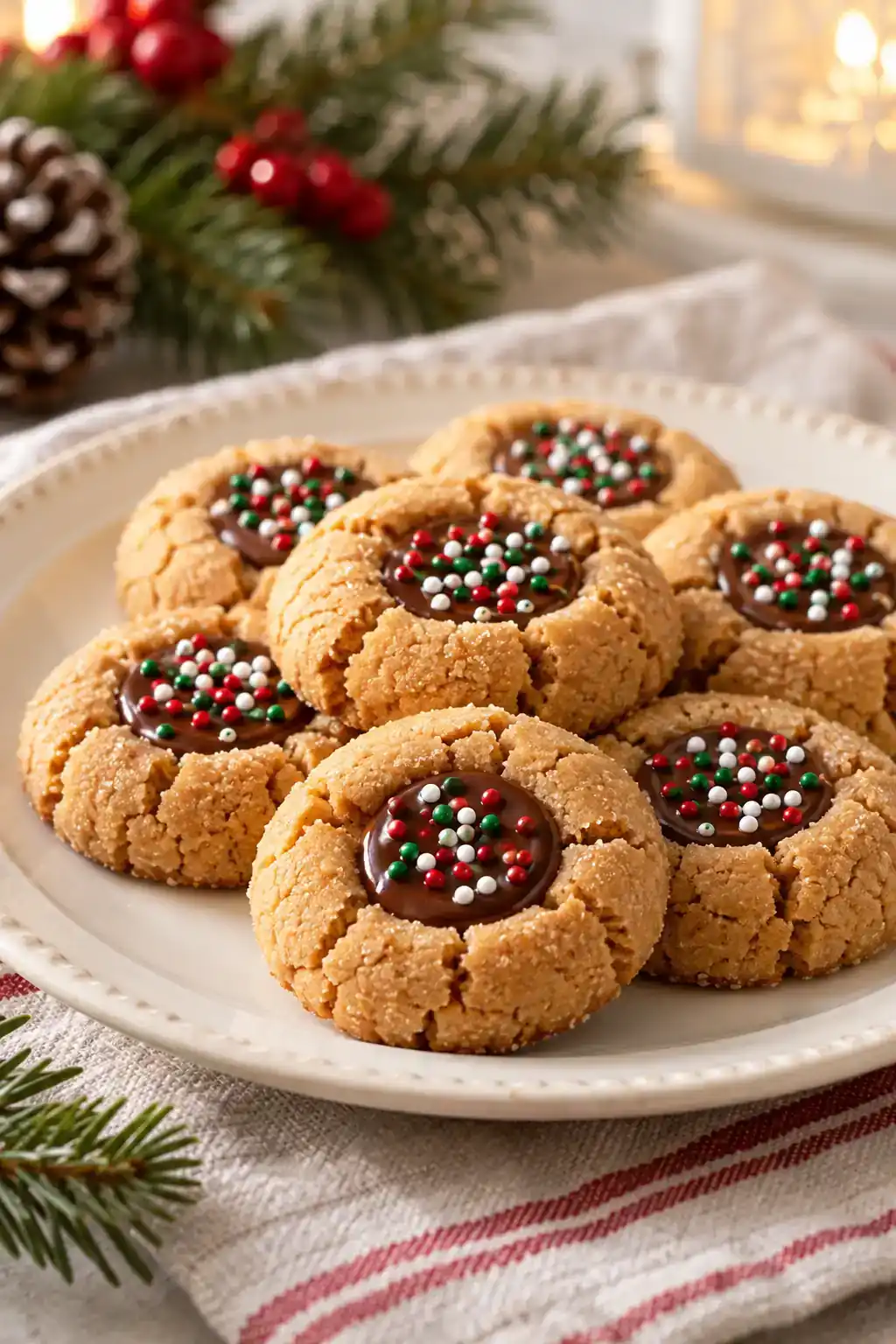 Christmas Peanut Butter Thumbprint Cookies: peanut butter thumbprint cookies with chocolate-filled centers and Christmas sprinkles.