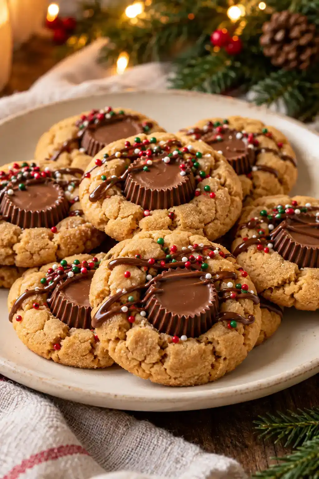 Christmas Reese’s Peanut Butter Cookies: golden peanut butter cookies with chocolate peanut butter cup centers.