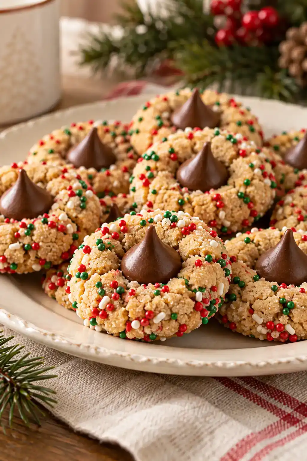 Christmas Sprinkle Peanut Butter Blossoms: peanut butter blossoms rolled in red, green and white sprinkles.