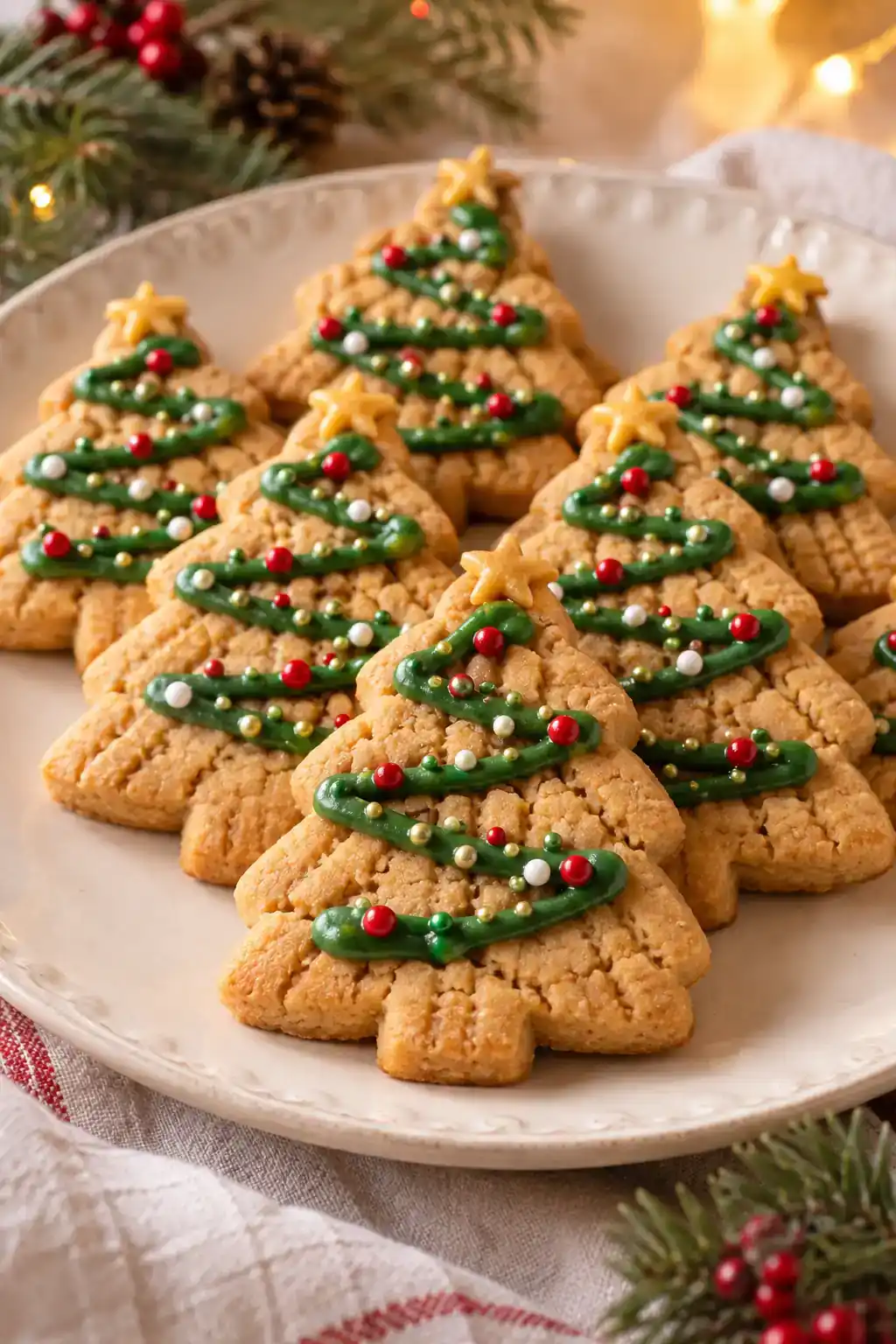 Christmas Tree Peanut Butter Cookies: tree-shaped peanut butter cookies with green icing garlands and small red decorations.