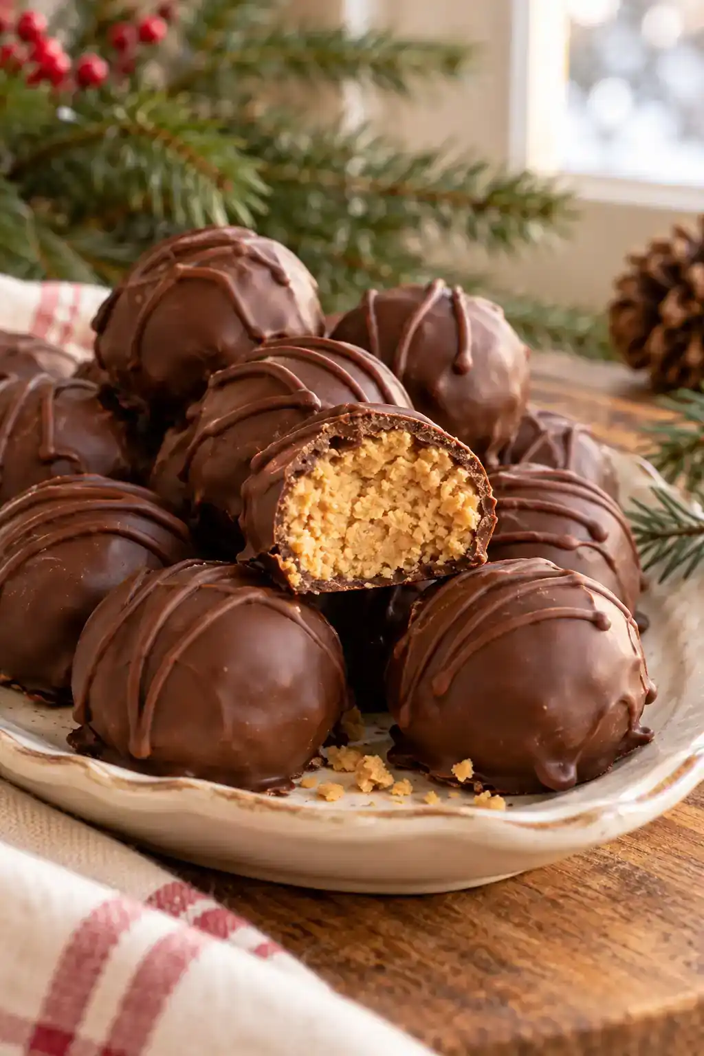 Classic Peanut Butter Balls: round peanut butter confections with chocolate shells, with a cut center showing the filling.
