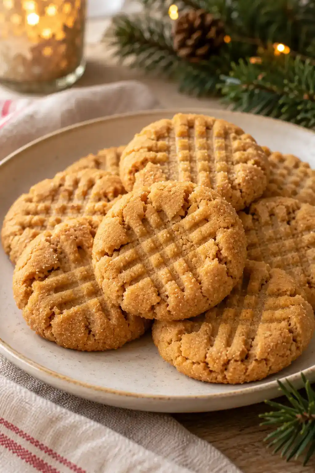 Classic Peanut Butter Cookies: golden peanut butter cookies with fork markings and a visible crumb.